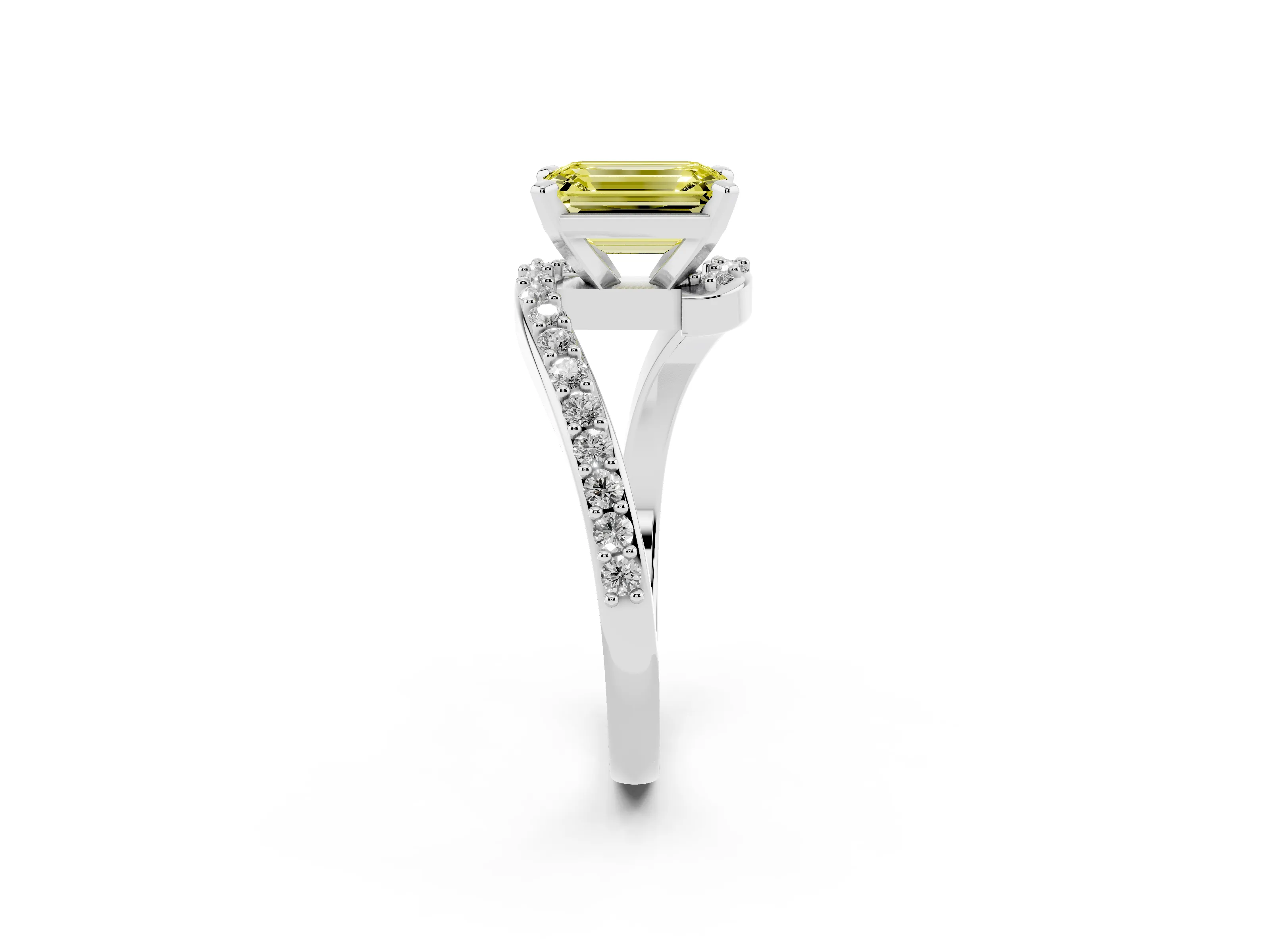 Fancy Yellow Emerald Cut Diamond Solitaire Ring Set in Platinum with Pavé Twist Band and Prong Setting