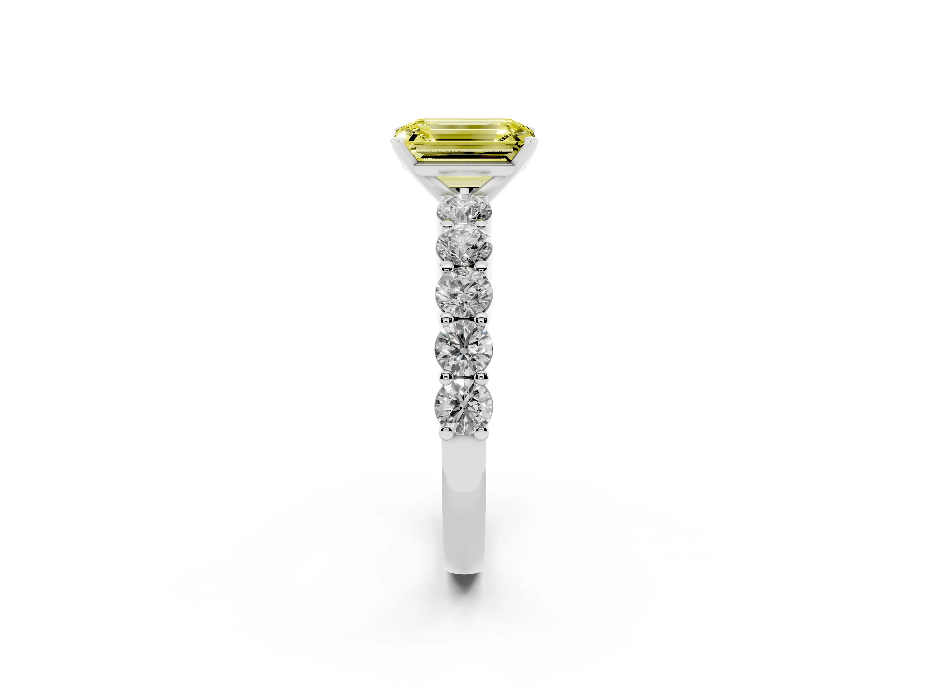 Fancy Yellow Emerald Cut Diamond Solitaire Ring Set in White gold with Shared Prong Round Side Stones