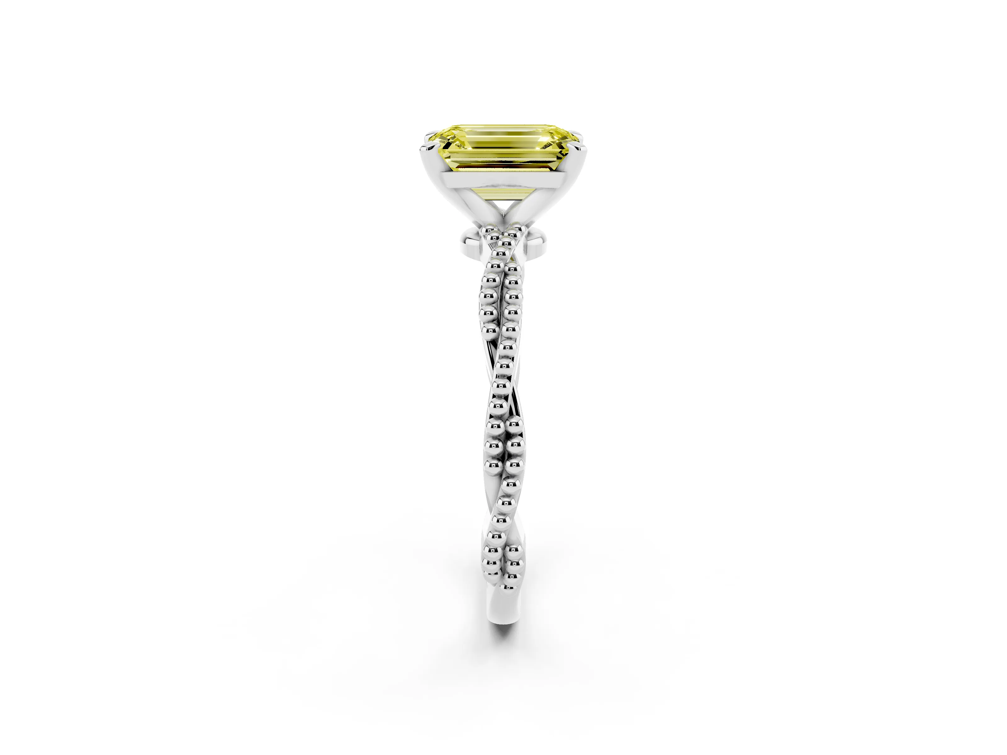 Fancy Yellow Emerald Cut Diamond Solitaire Ring Set in White gold with Twisted Band and Bead Prong Setting