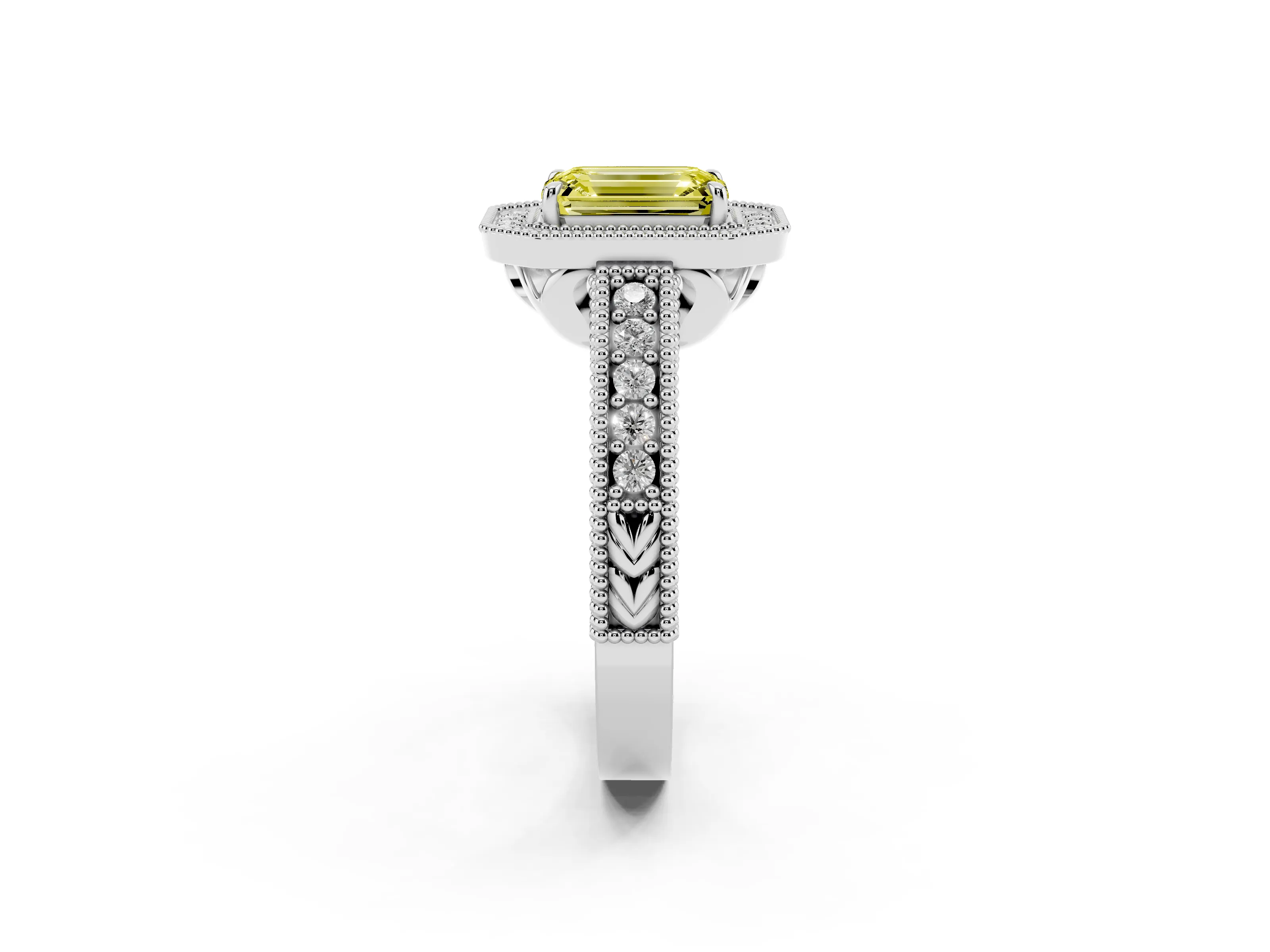 Fancy Yellow Emerald Cut Diamond Halo Ring Set in Silver with Round Accent Halo, Pavé Band and Prong Setting
