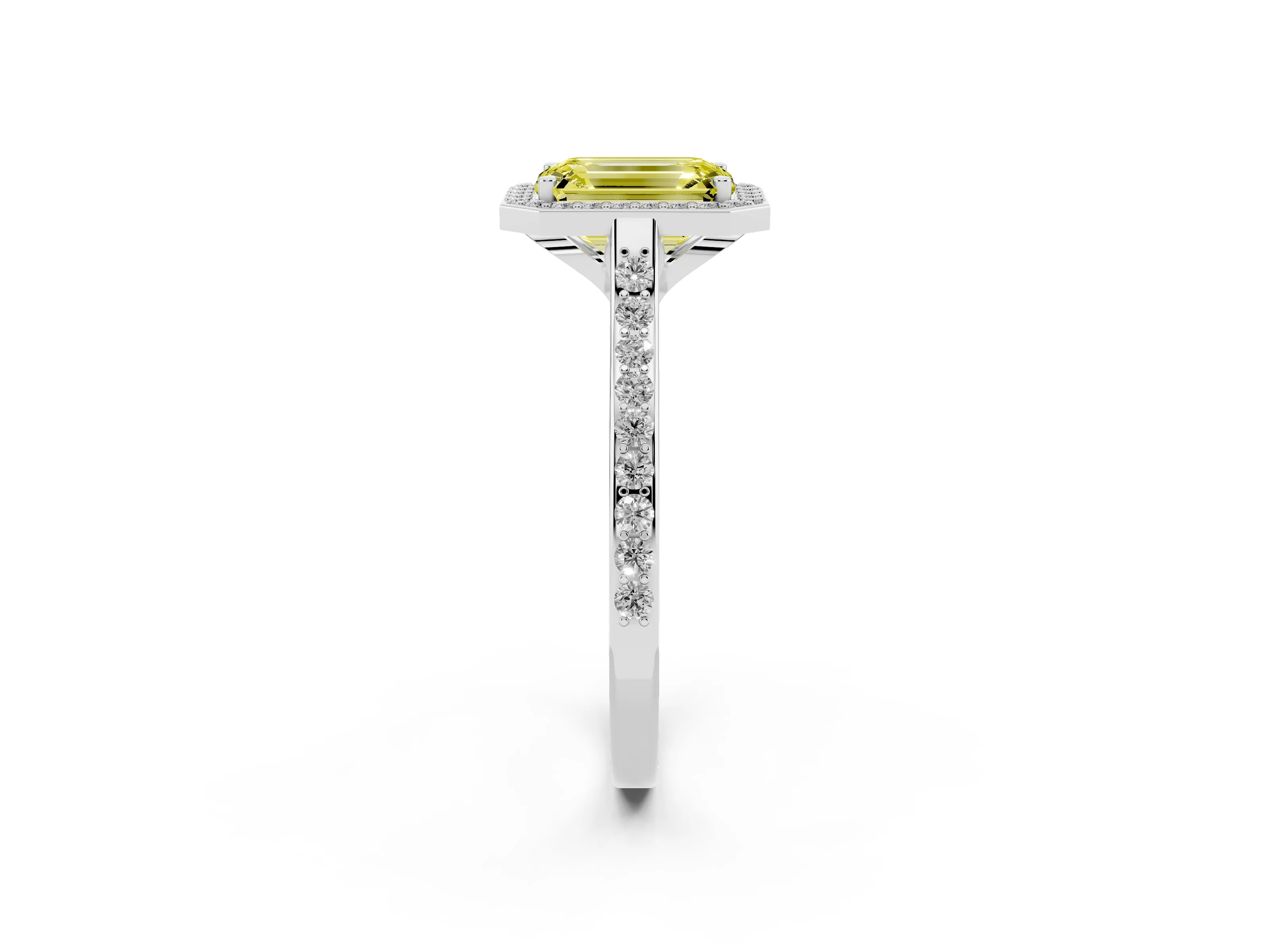 Fancy Yellow Emerald Cut Diamond Halo Engagement Ring Set in Silver with Round Pavé Shoulders and Heart Gallery