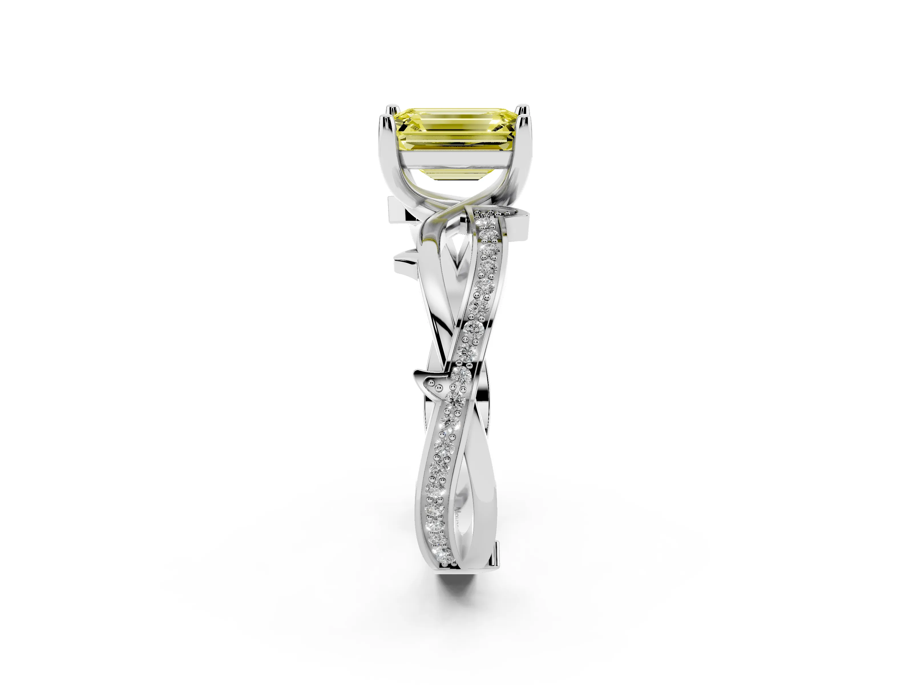 Fancy Yellow Emerald Cut Diamond Pavé Twist Band Solitaire Ring Set in Platinum with Prong Setting