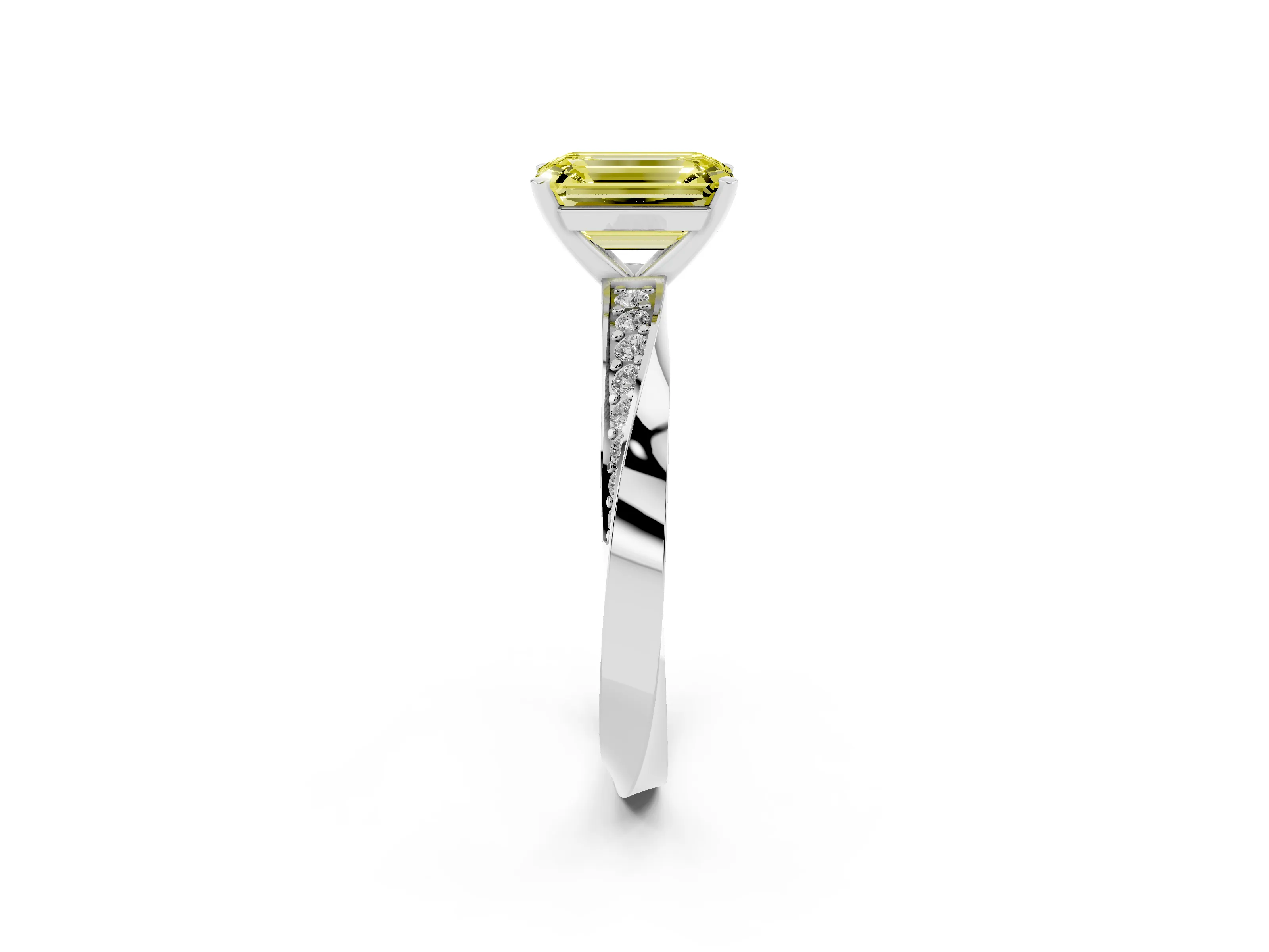 Fancy Yellow Emerald Cut Diamond Engagement Ring Set in Platinum with Side Stone Accents and Prong Setting