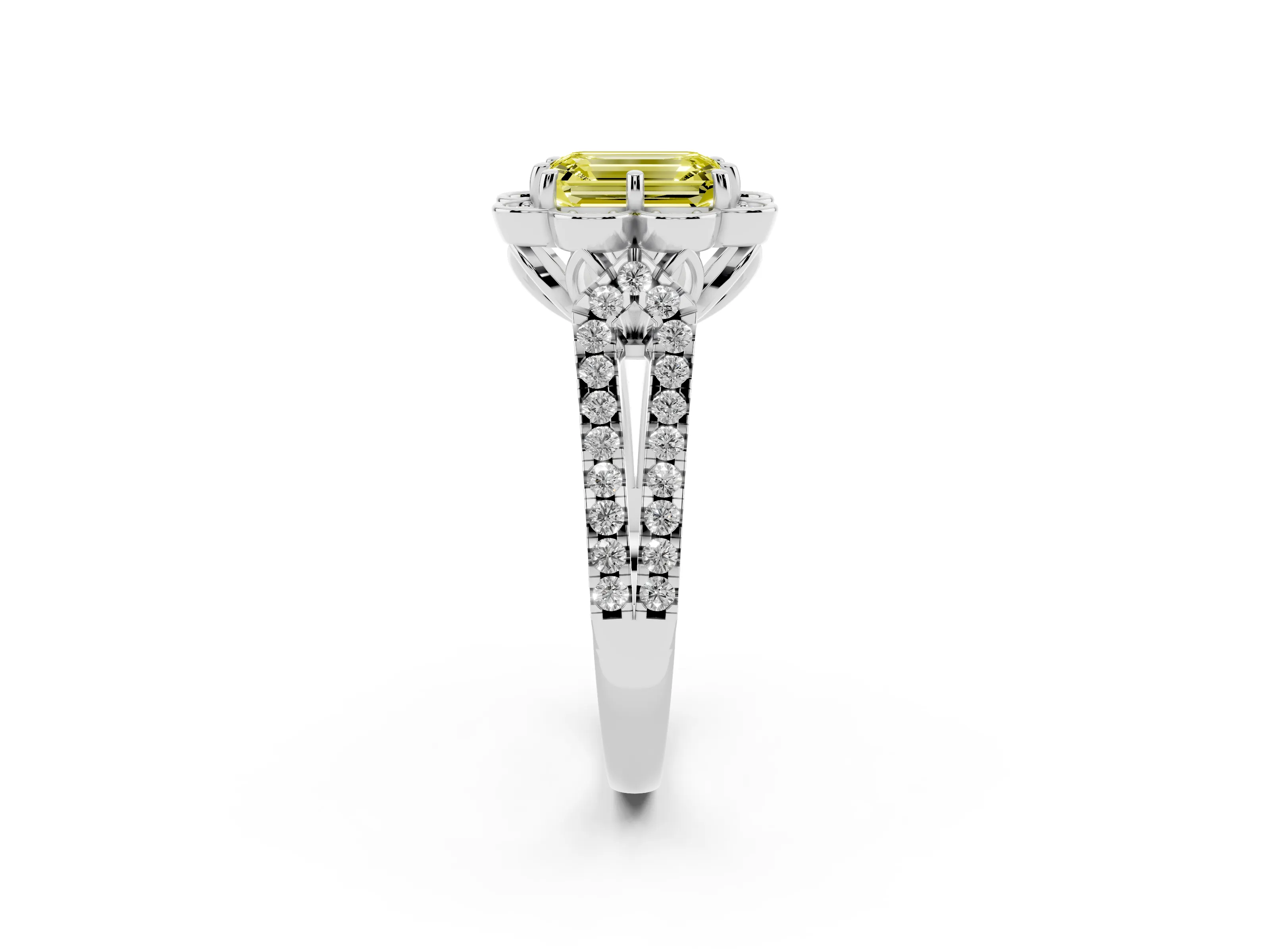 Fancy Yellow Emerald Cut Diamond Floral Halo Split Shank Engagement Ring Set in White gold with Pavé Shank