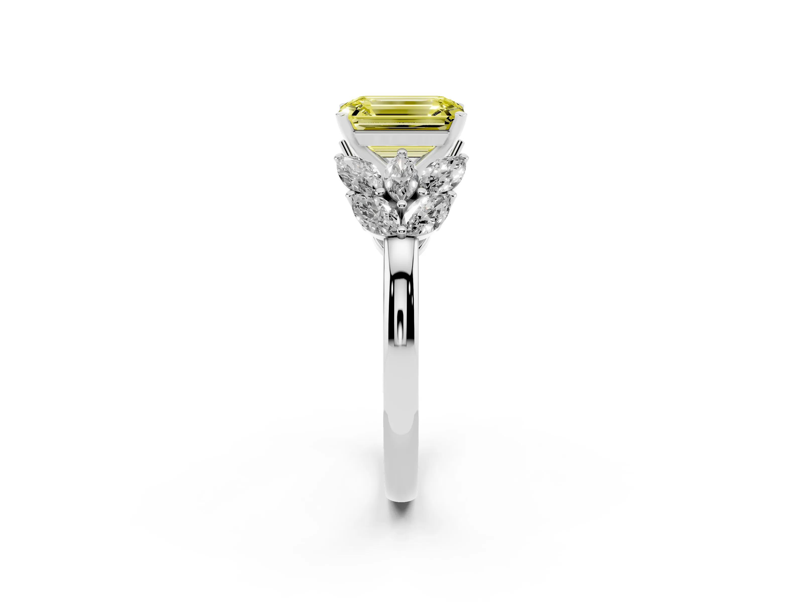 Fancy Yellow Emerald Cut Diamond Cluster Leaf Design Ring Set in Platinum with Prong Setting