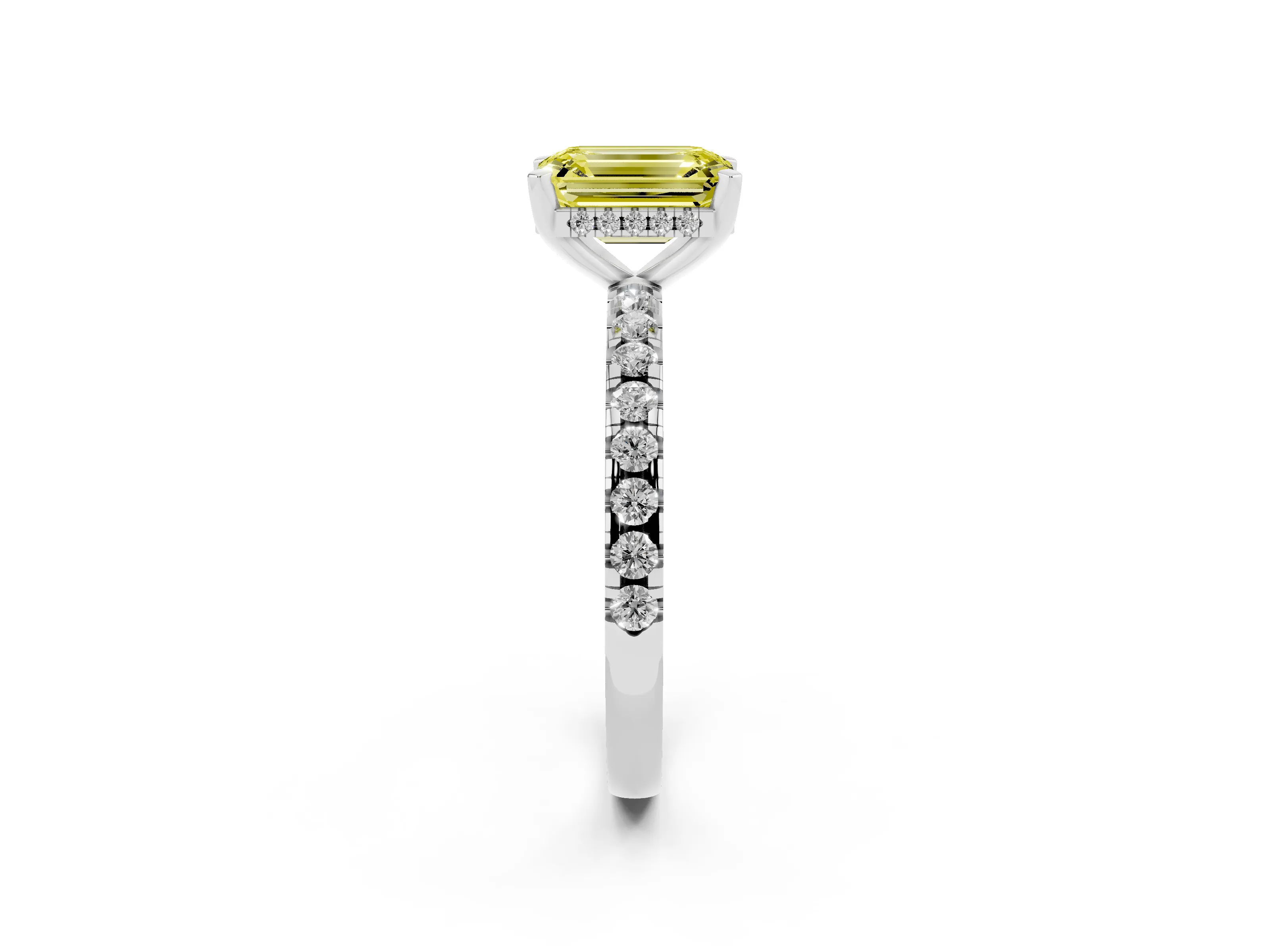 Fancy Yellow Emerald Cut Diamond Pavé Solitaire Ring Set in Platinum with Round Band Accents and Prong Setting
