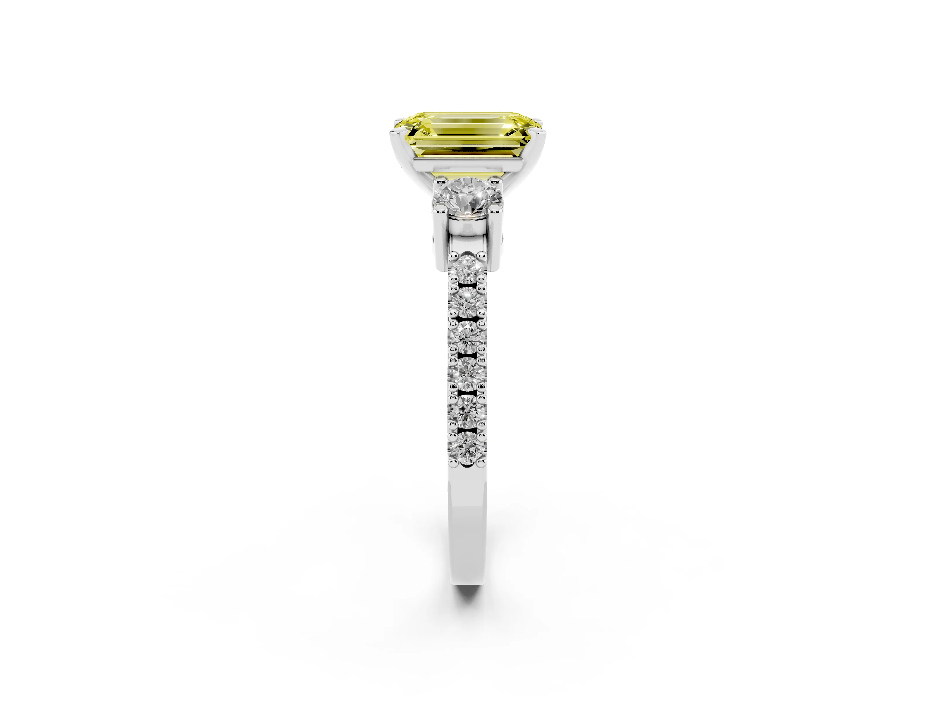 Fancy Yellow Three-Stone Emerald Cut Diamond Pavé Band Ring Set in Platinum with Prong Setting
