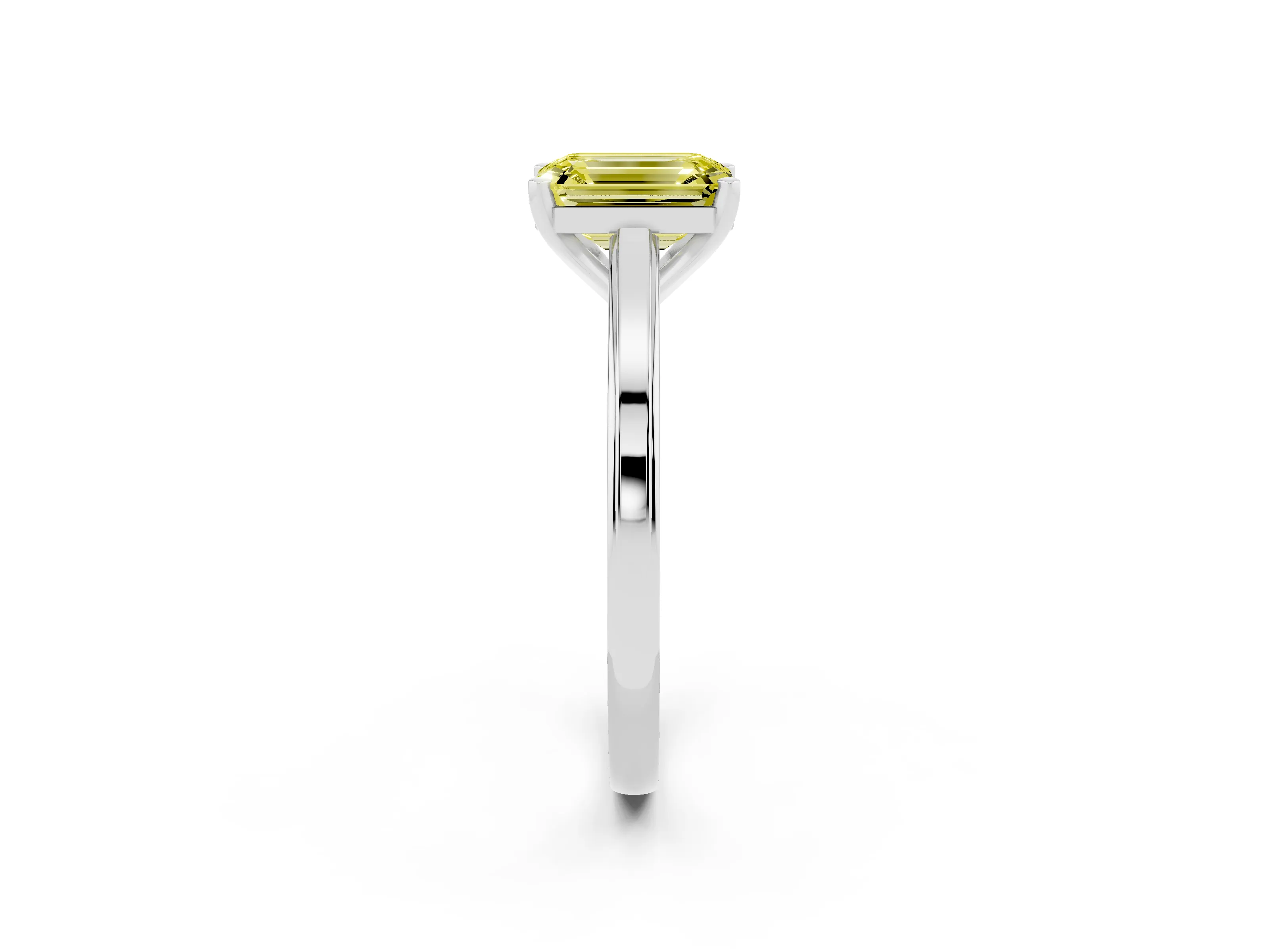 Fancy Yellow Emerald Cut Diamond Solitaire Ring Set in Platinum with Prong Setting and Classic Band