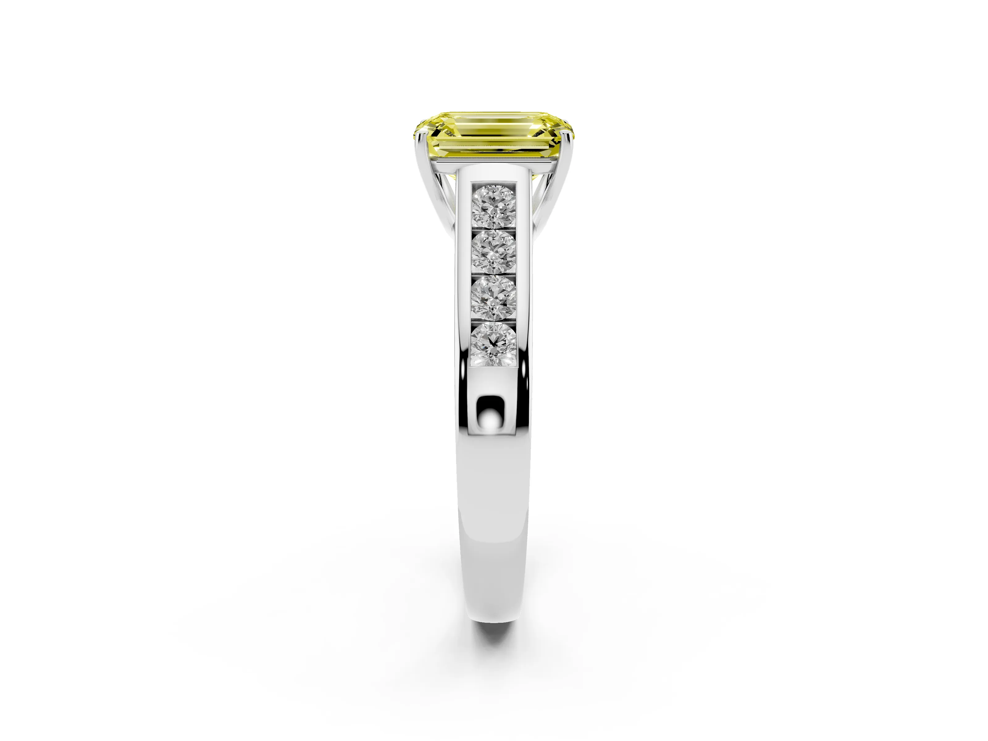 Fancy Yellow Emerald Cut Diamond Brilliant Channel-Set Solitaire Ring Set in White gold with Prong Setting