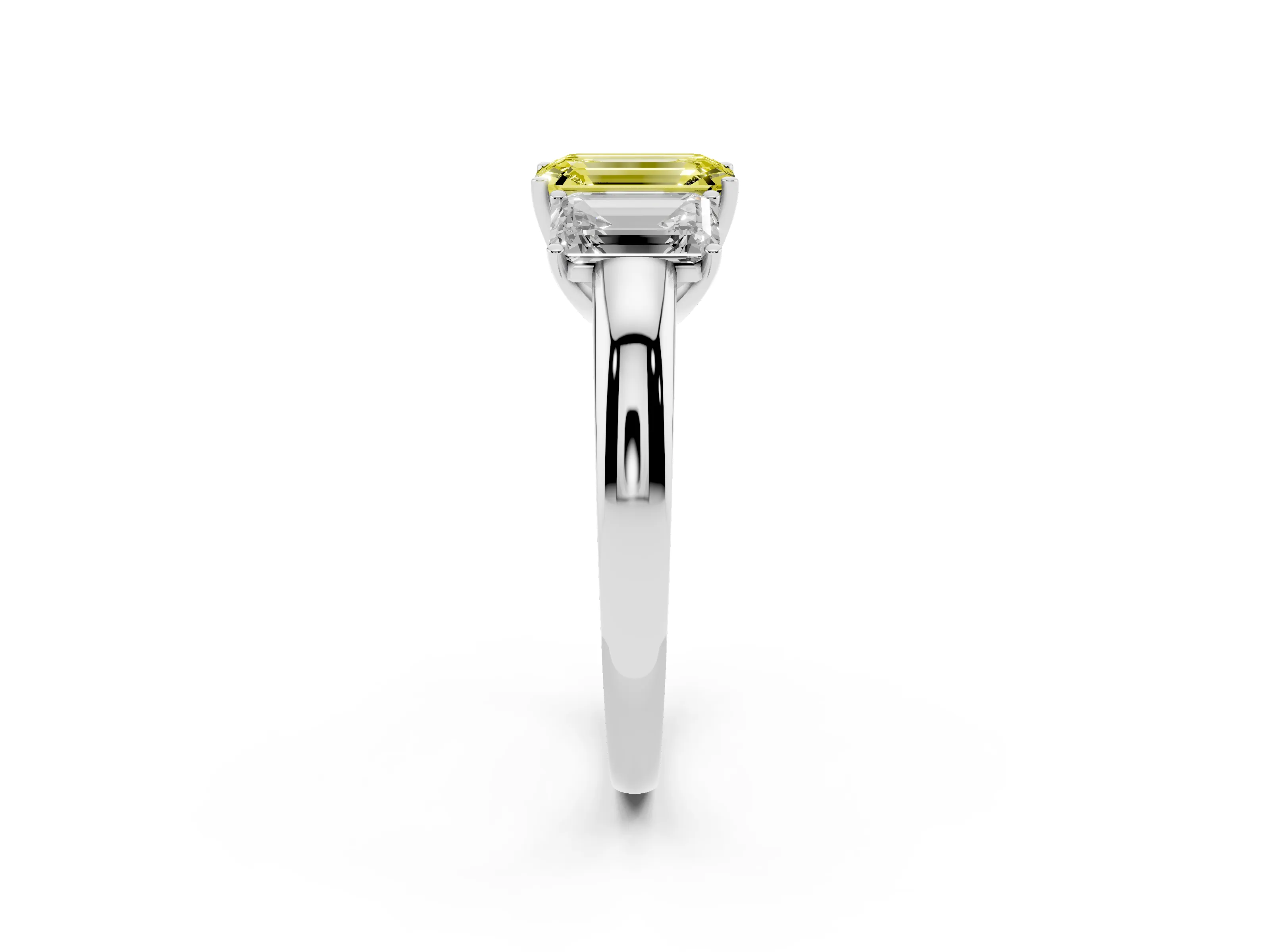 Fancy Yellow Emerald Cut Diamond Three-Stone Ring Set in Silver with Bold Center and Classic Band
