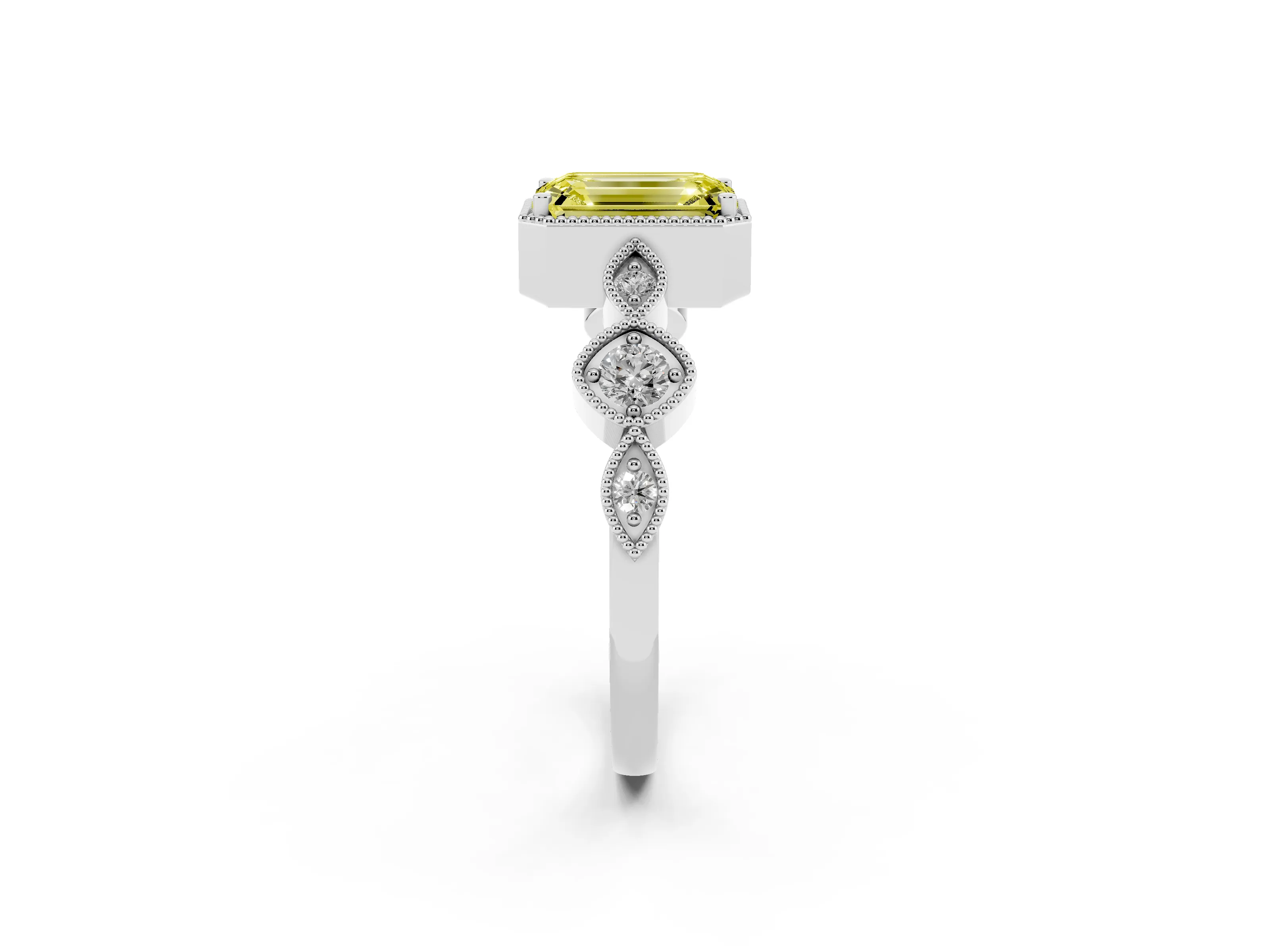 Fancy Yellow Emerald Cut Diamond Vintage-Inspired Milgrain Ring Set in Platinum with Marquise Stations of Round Accents