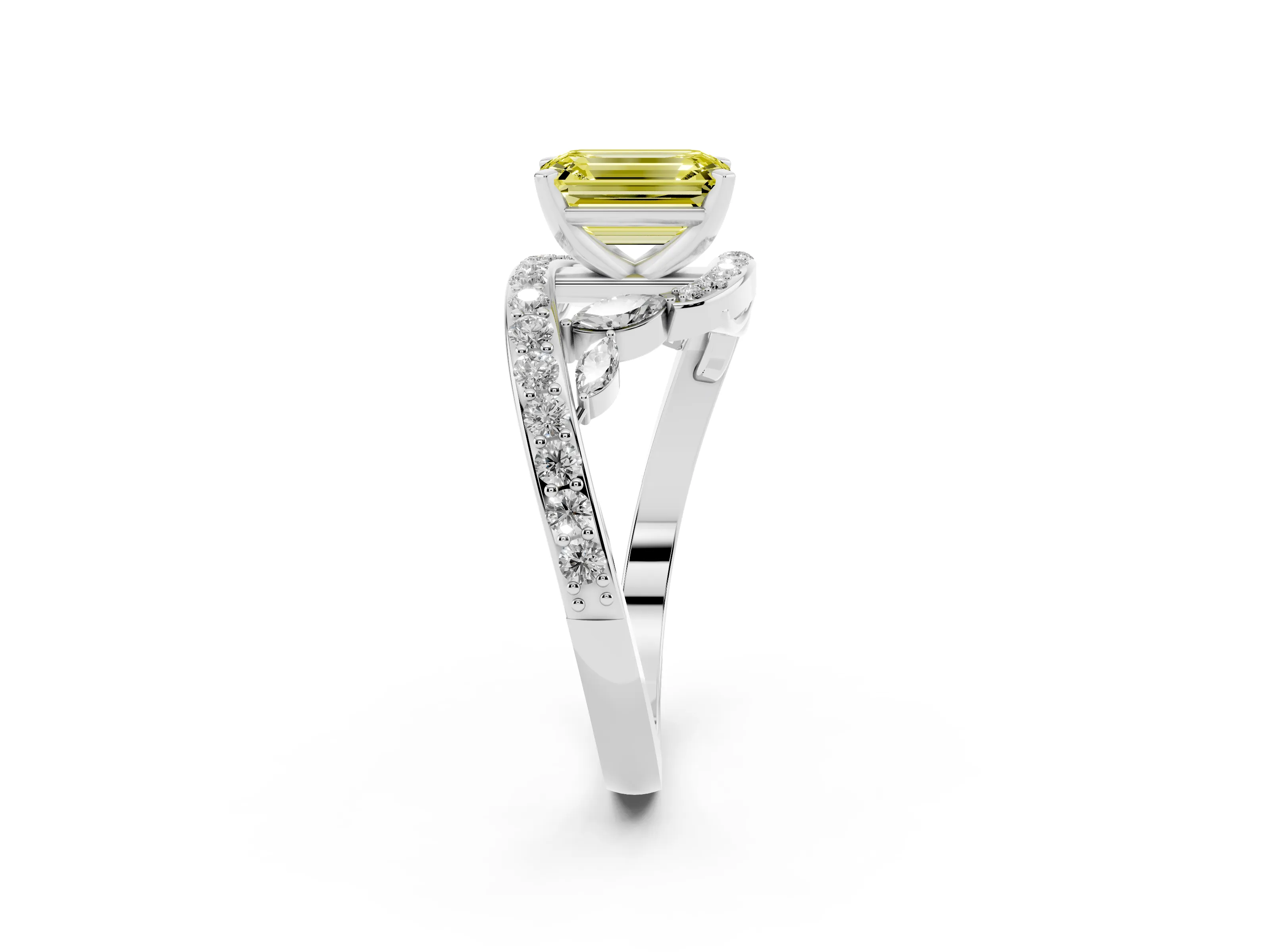Fancy Yellow Emerald Cut Diamond Solitaire Ring Set in White gold with Pavé Twist Band and Secure Prong Setting