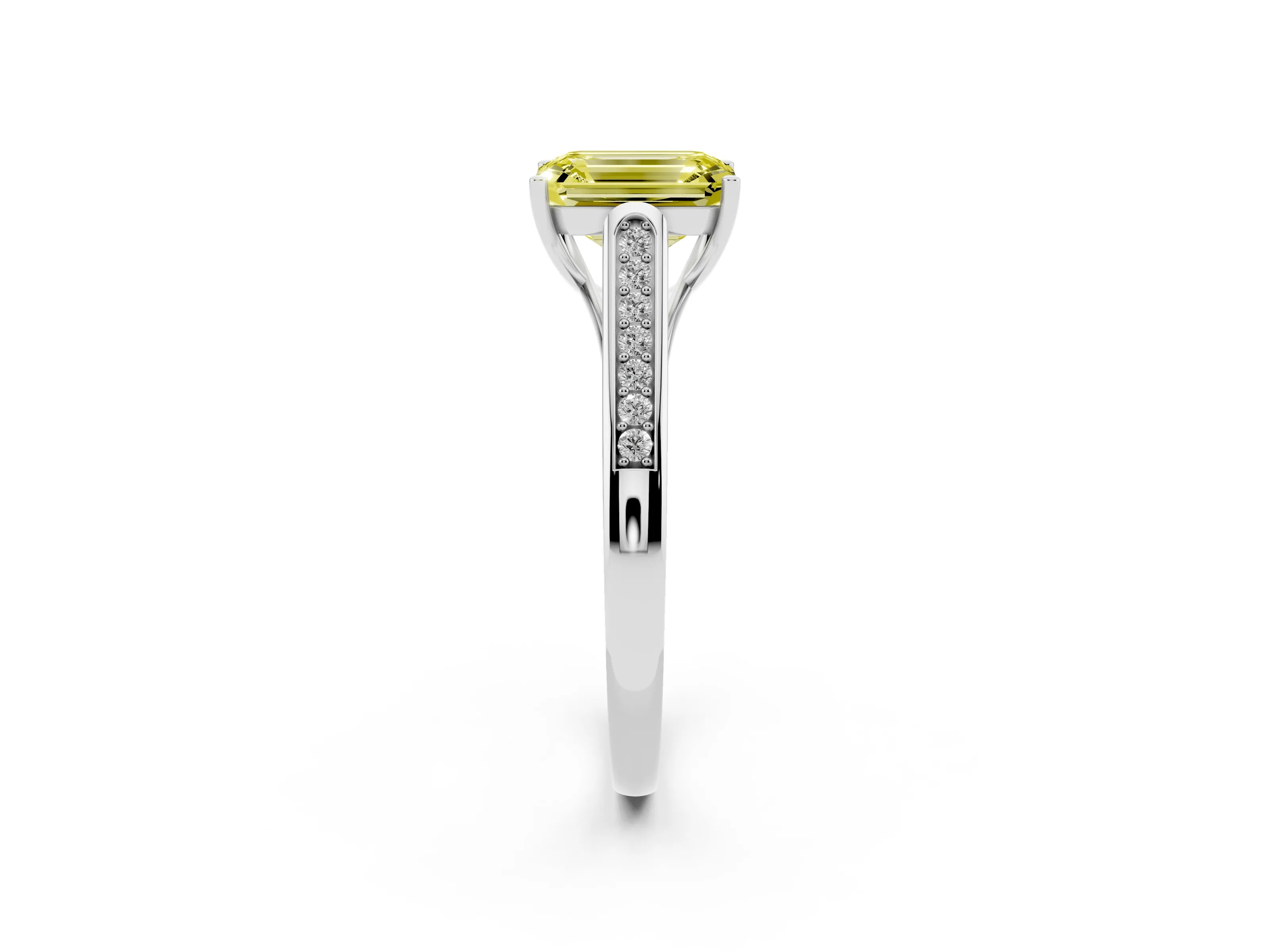 Fancy Yellow Emerald Cut Diamond Solitaire Cathedral Engagement Ring Set in Silver with Channel-Set Band and Prong Setting