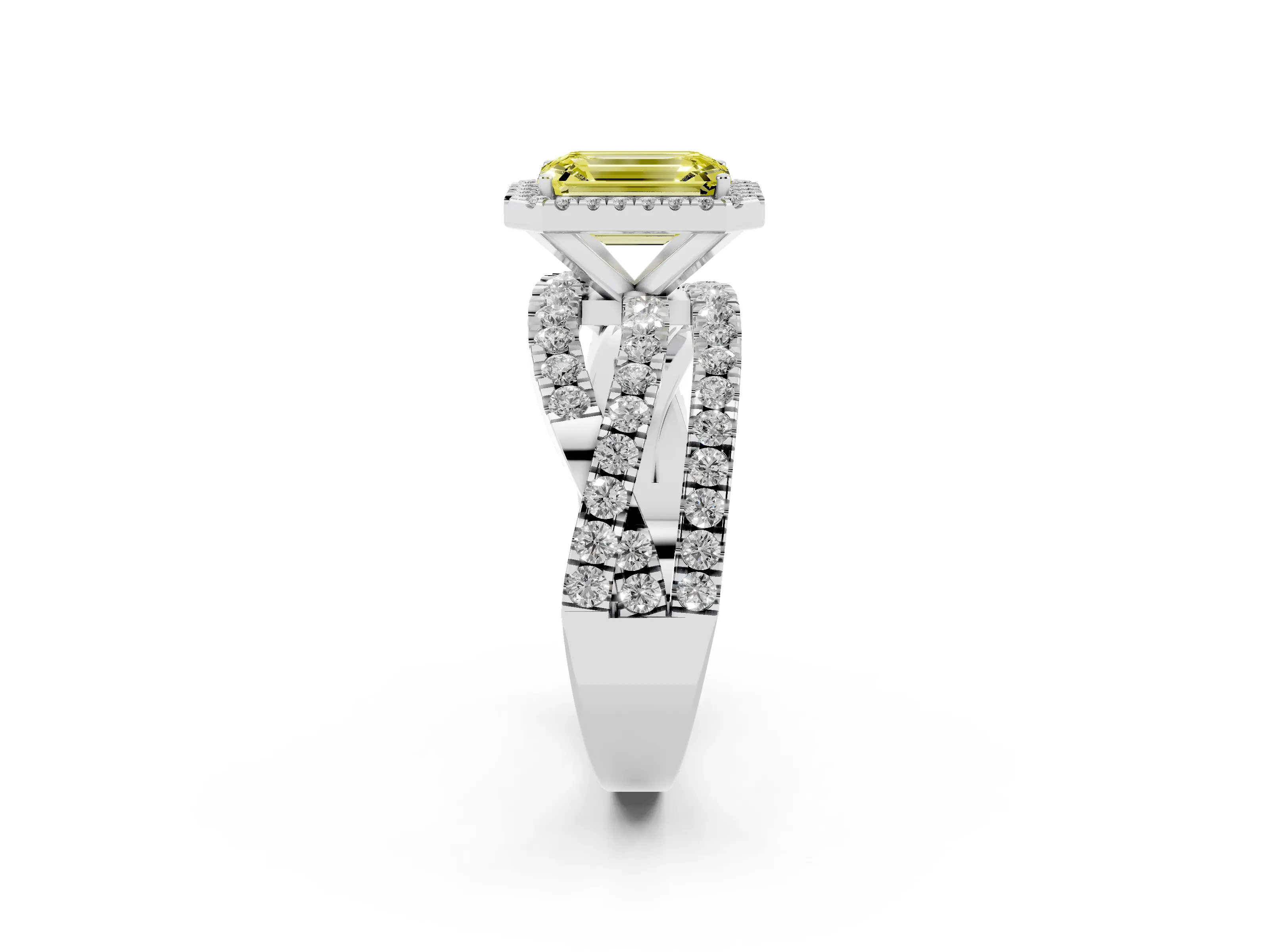 Fancy Yellow Emerald Cut Diamond Halo Ring Set in Platinum with Round Crossover Split Shank and Prong Setting