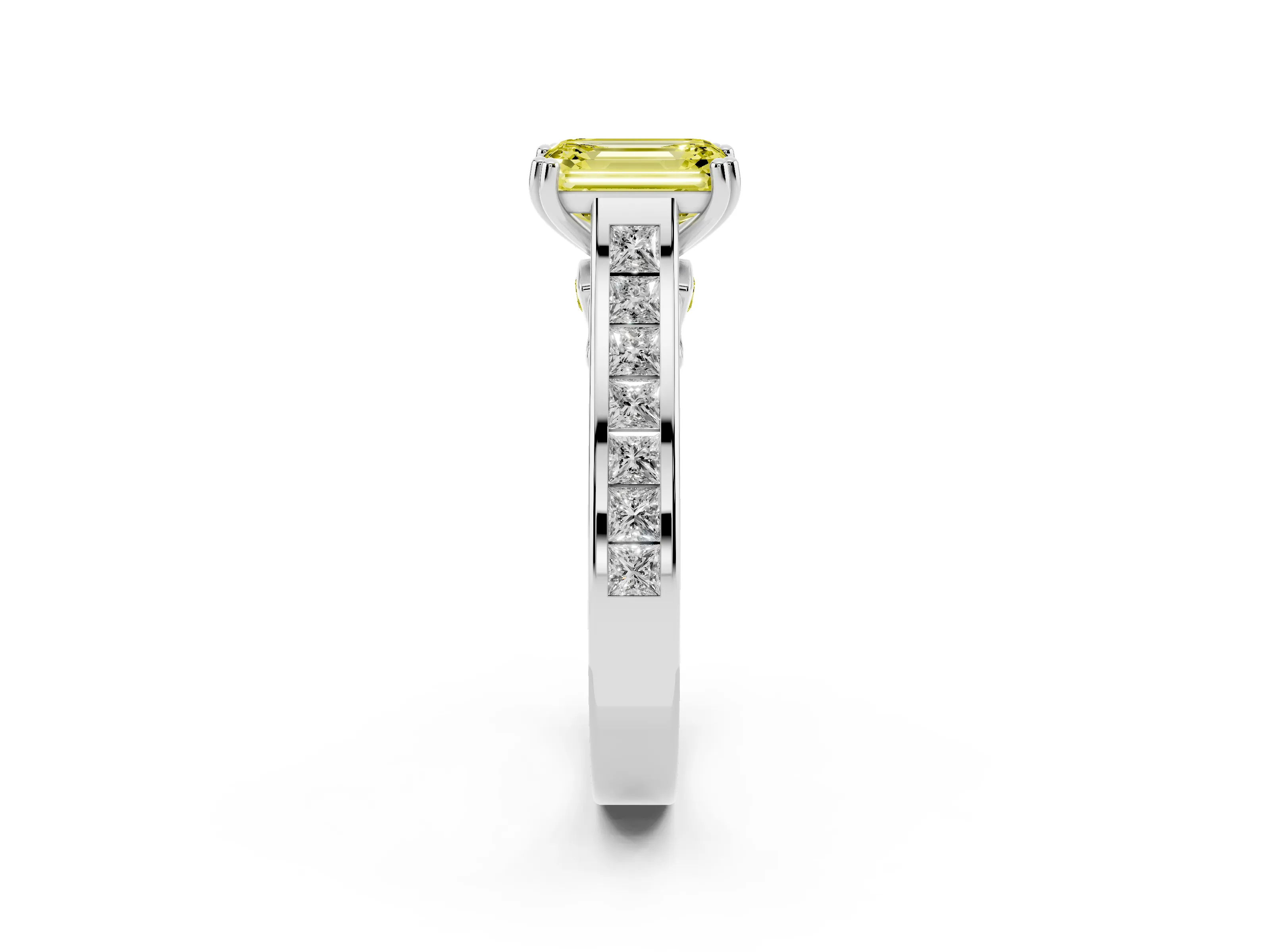 Fancy Yellow Emerald Cut Diamond Channel Set Solitaire Engagement Ring Set in Platinum with Prong Setting