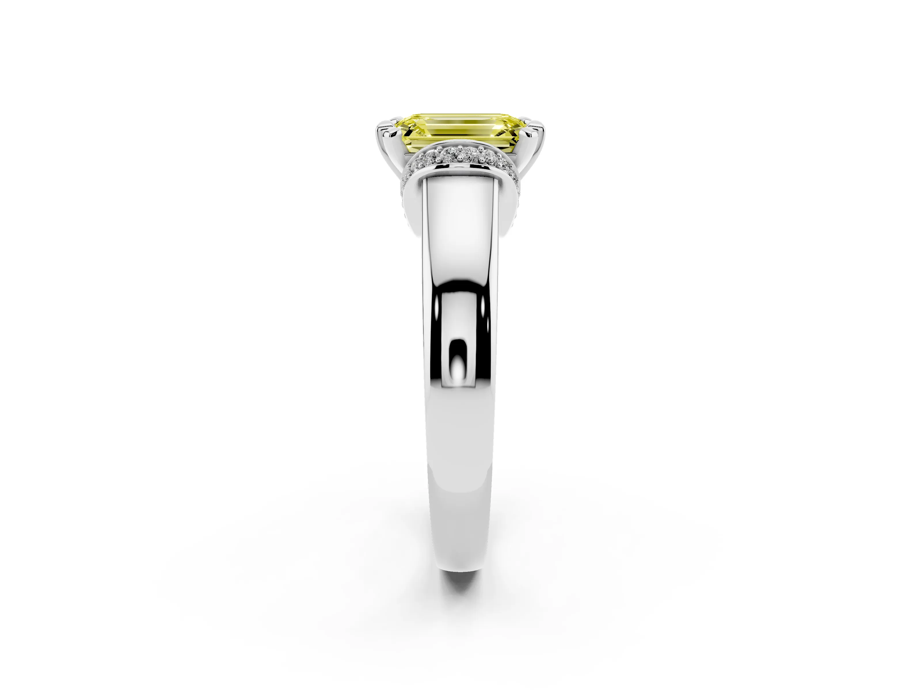 Fancy Yellow Emerald Cut Diamond Pavé Band Solitaire Ring Set in White gold with Prong Setting