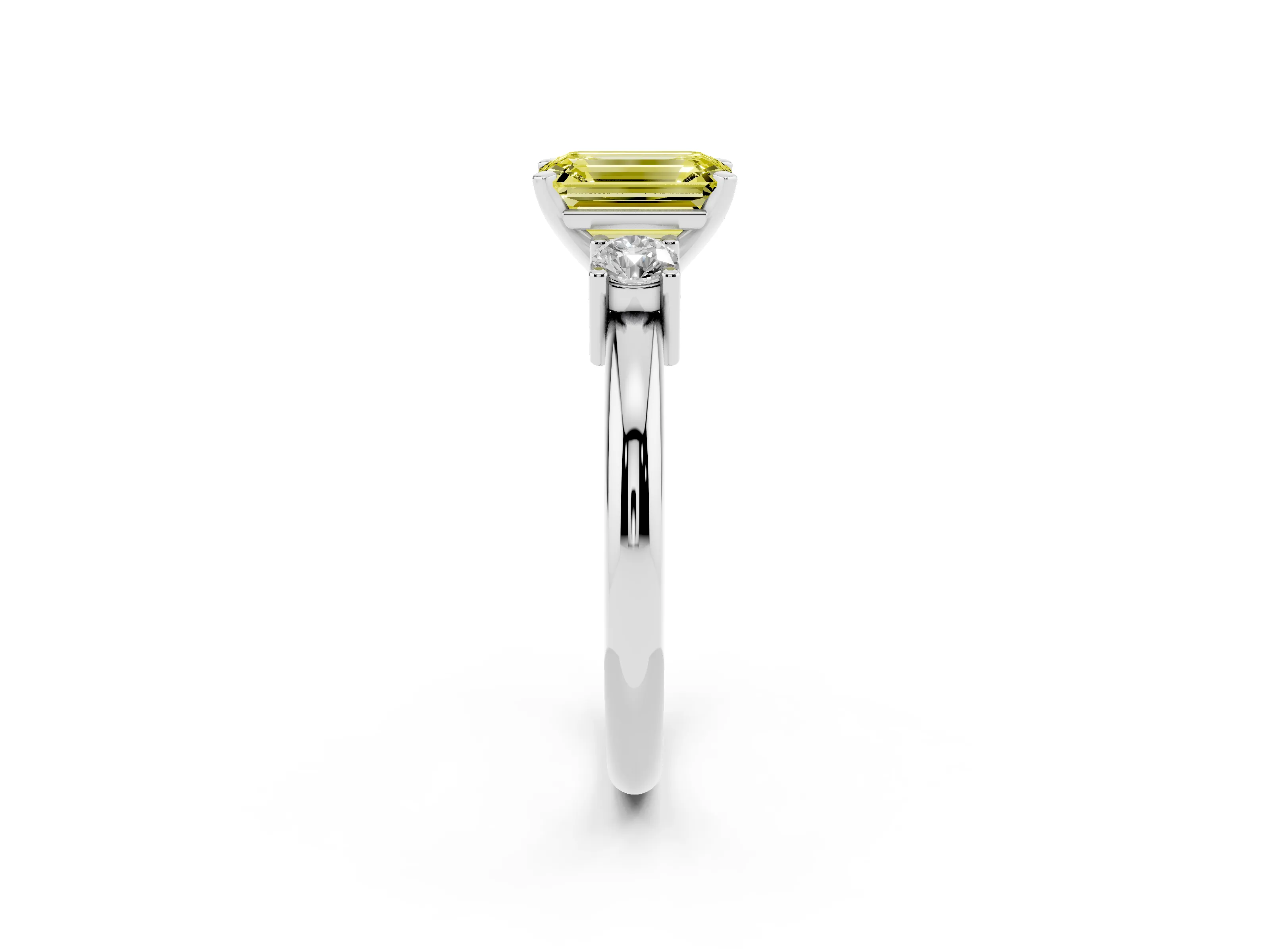 Fancy Yellow Three-Stone Emerald Cut Diamond Ring Set in Silver with Prong Setting and Plain Band