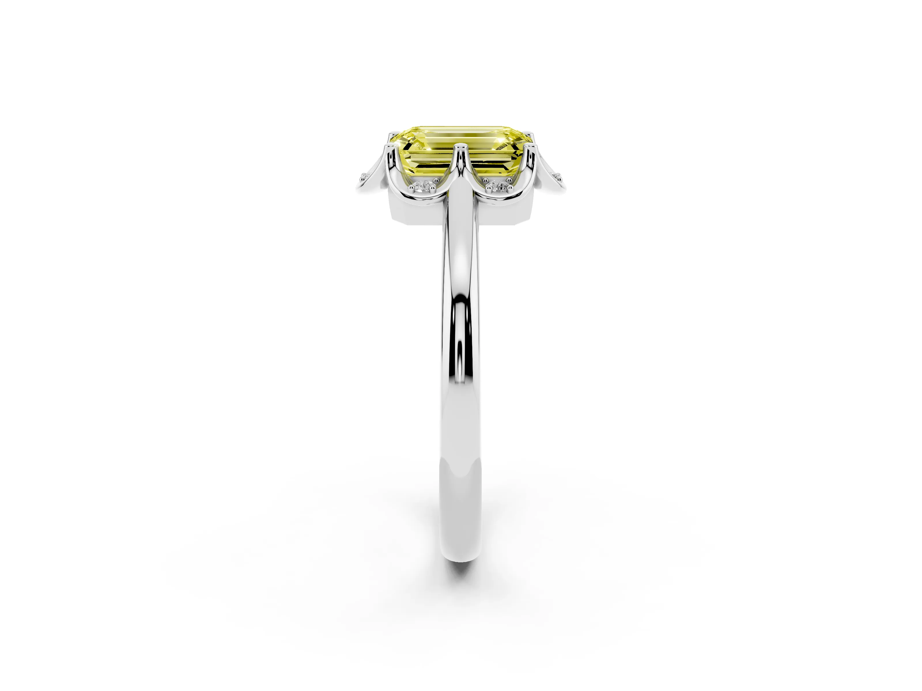 Fancy Yellow Emerald Cut Diamond Round Cluster Halo Ring Set in White gold with Solitaire Band and Prong Setting