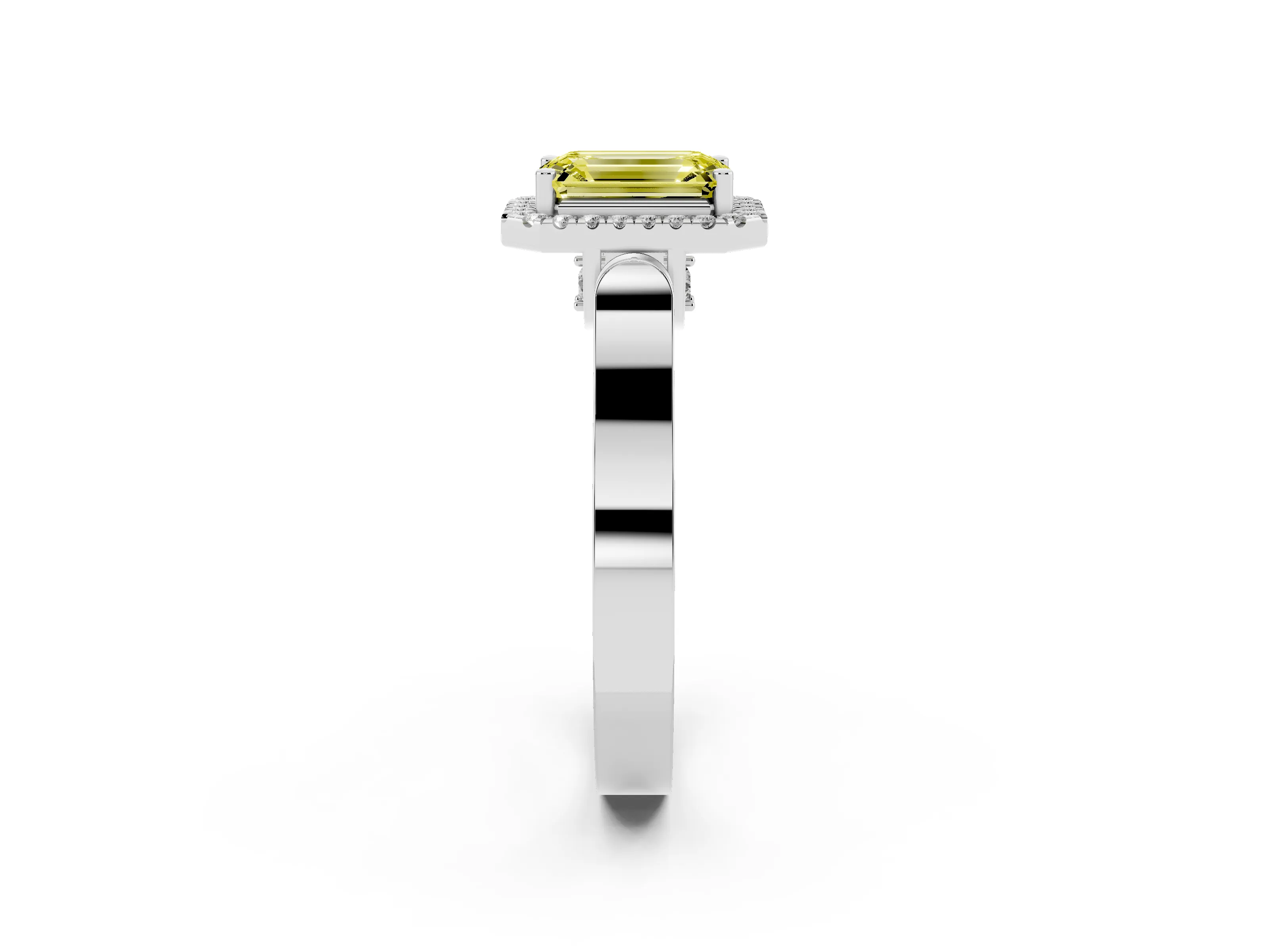 Fancy Yellow Emerald Cut Diamond Halo Ring Set in Silver with Pavé-Lined Split Shank Band