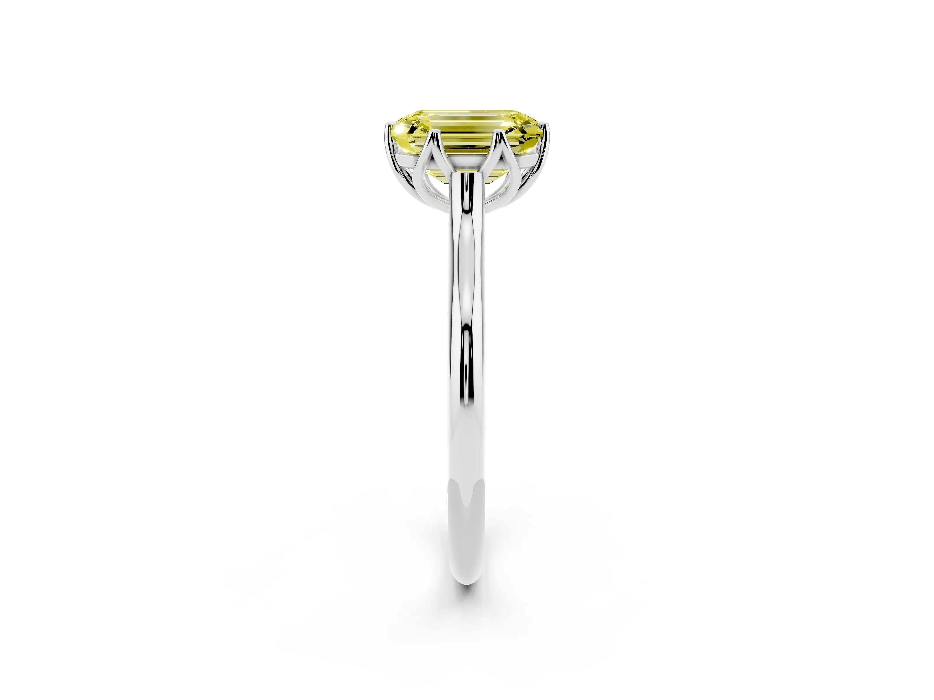 Fancy Yellow Emerald Cut Diamond Solitaire Cathedral Ring Set in Platinum with Prong Setting