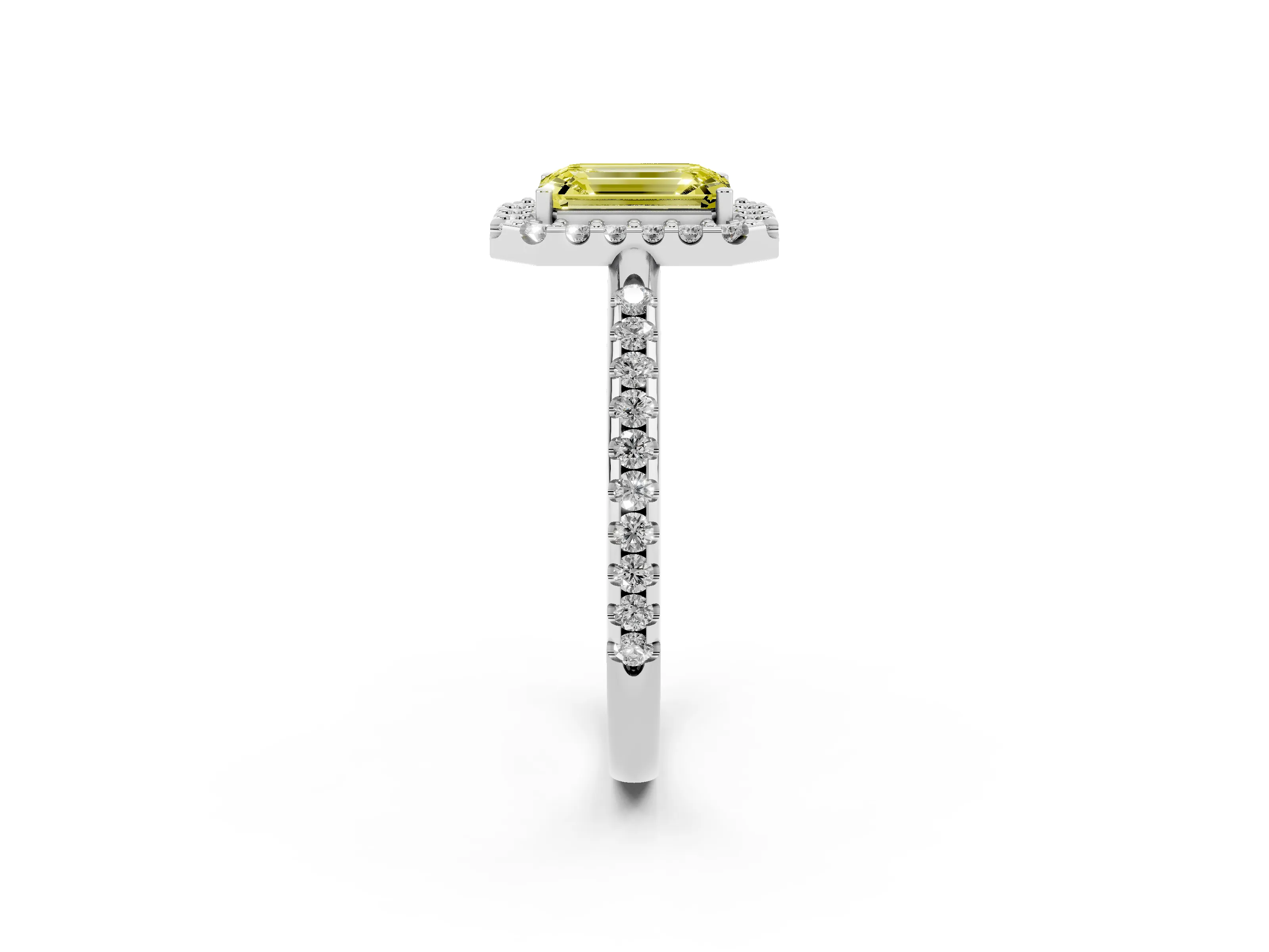 Fancy Yellow Emerald Cut Diamond Pavé Halo Ring Set in Silver with Prong Setting