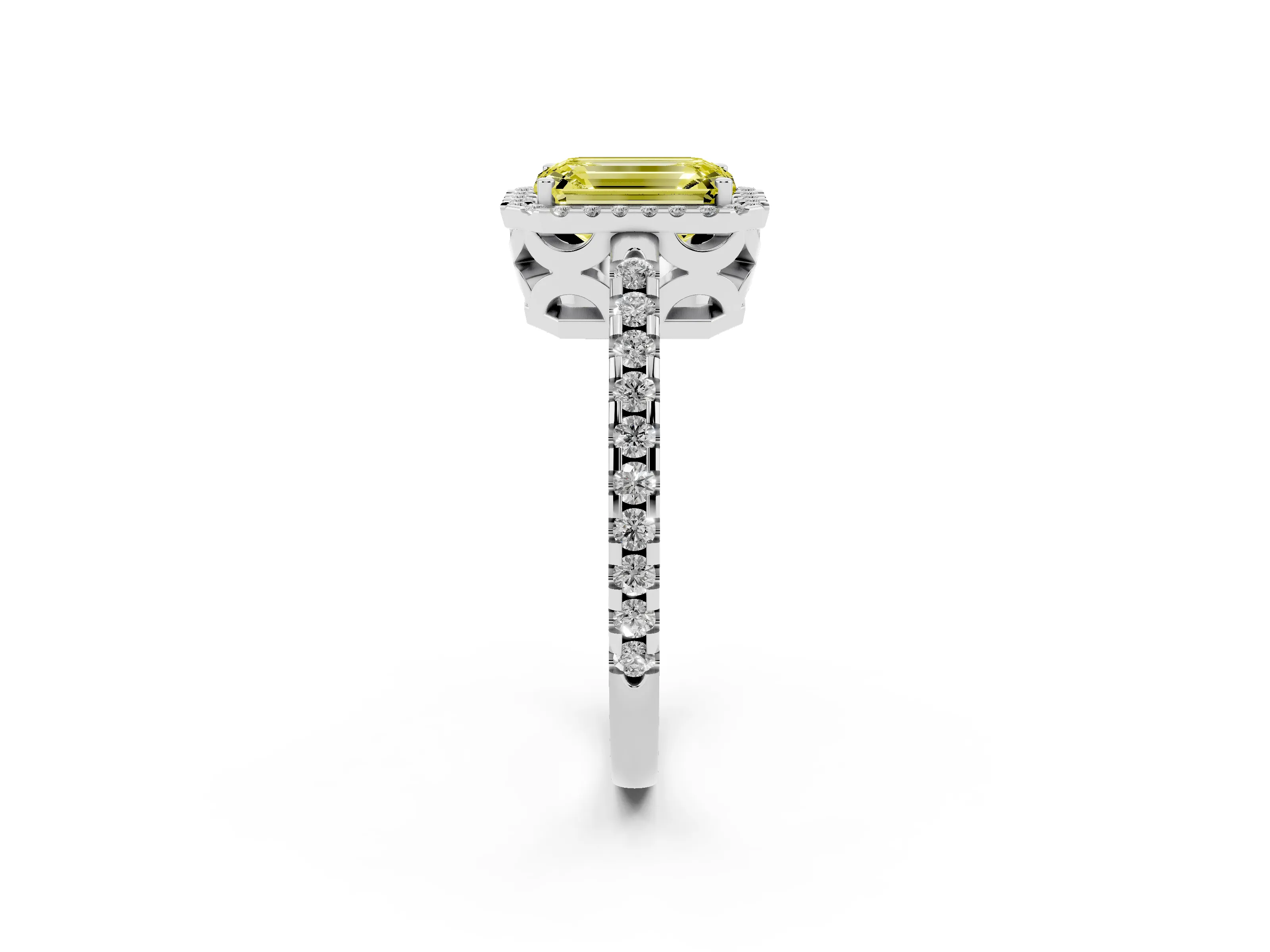 Fancy Yellow Emerald Cut Diamond Halo Ring Set in White gold with Pavé Shoulders and Halo-Framed Center