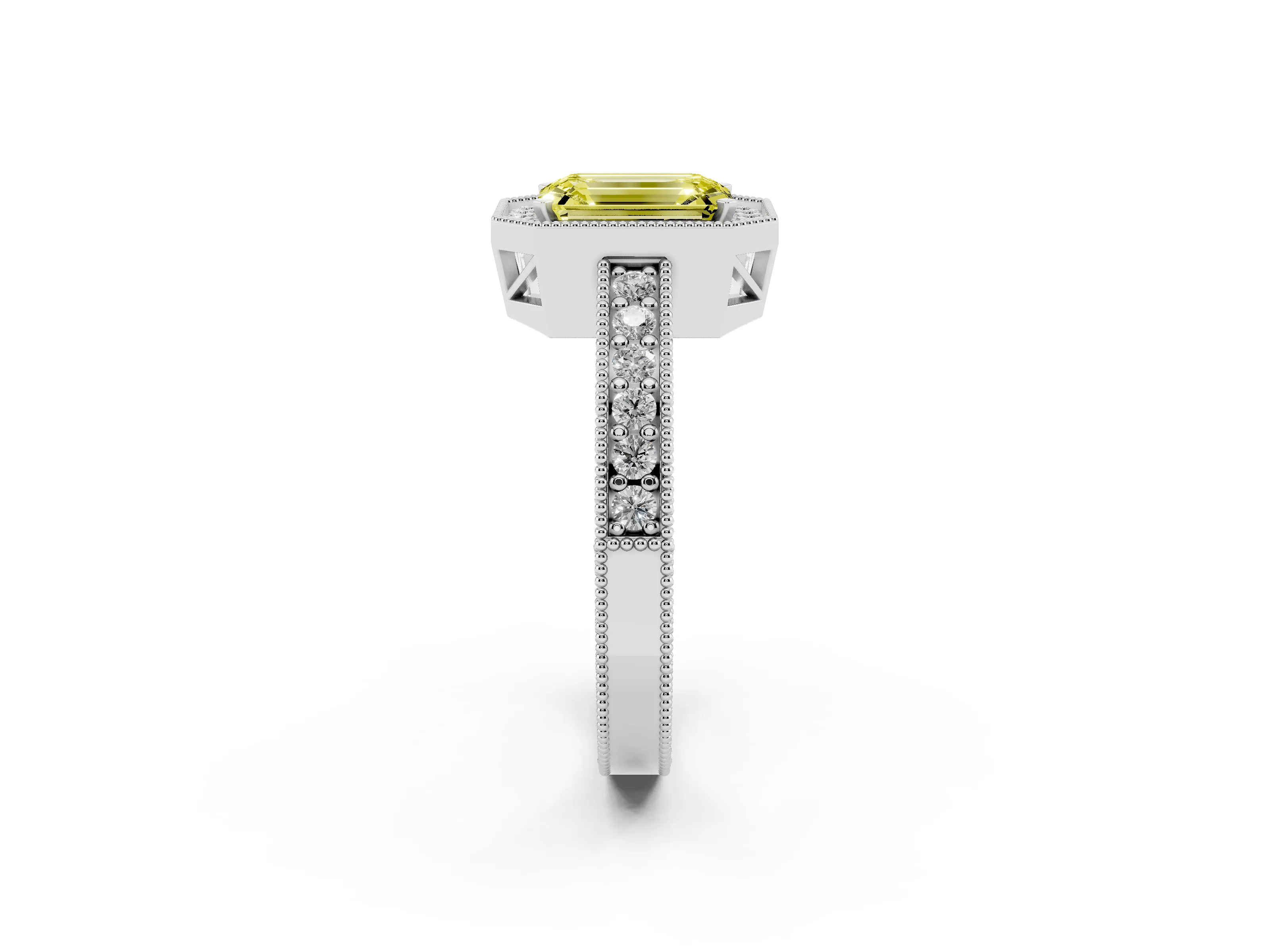 Fancy Yellow Emerald Cut Diamond Halo Pavé Band Ring Set in Platinum with Prong-Set Center