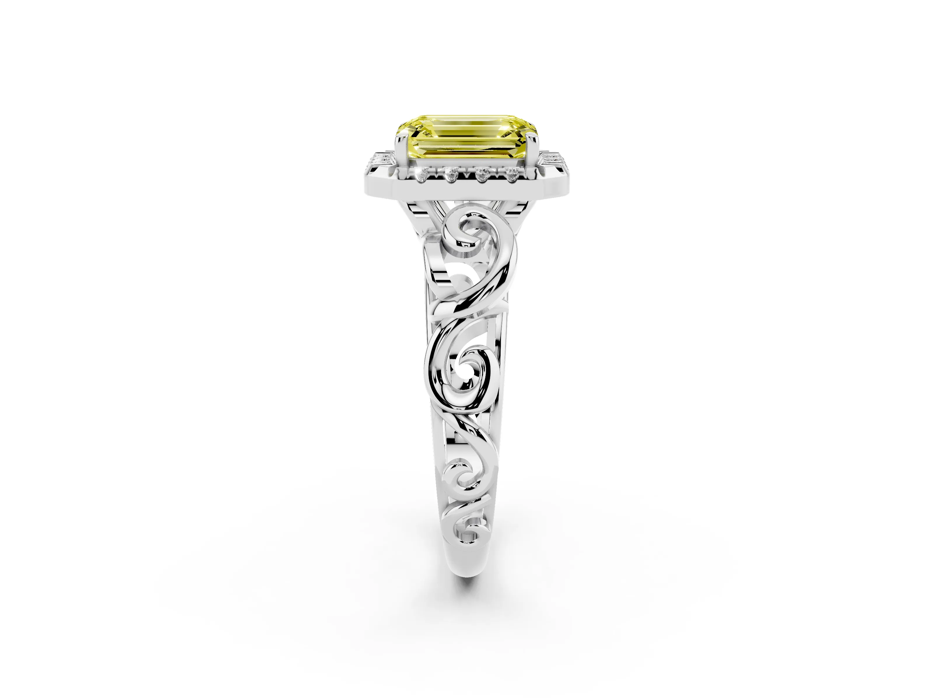 Fancy Yellow Emerald Cut Diamond Halo Ring Set in White gold with Scrollwork Band and Prong Setting