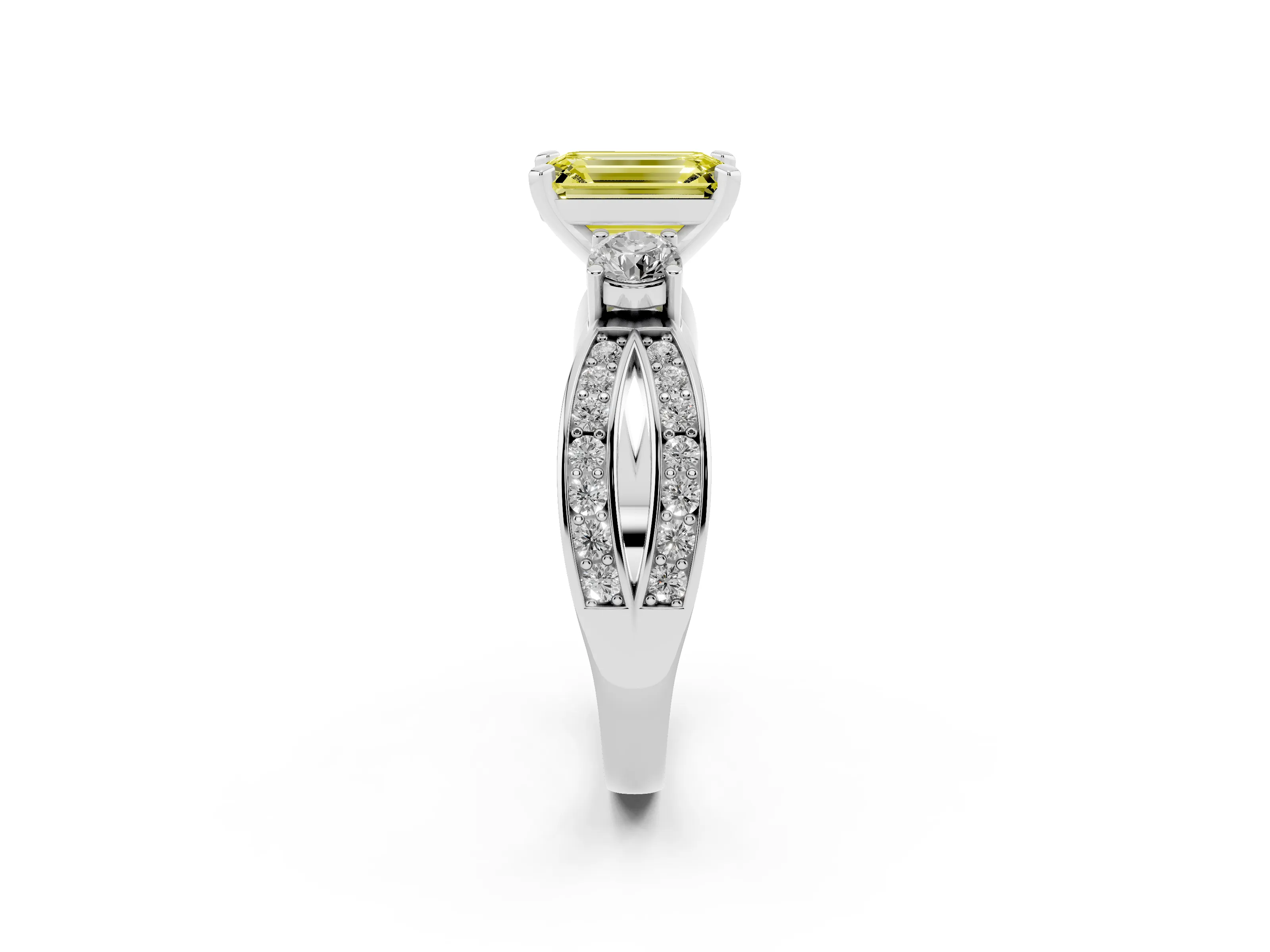 Fancy Yellow Three-Stone Emerald Cut Diamond Twist Band Ring Set in Platinum with Pavé Accents and Prong Setting