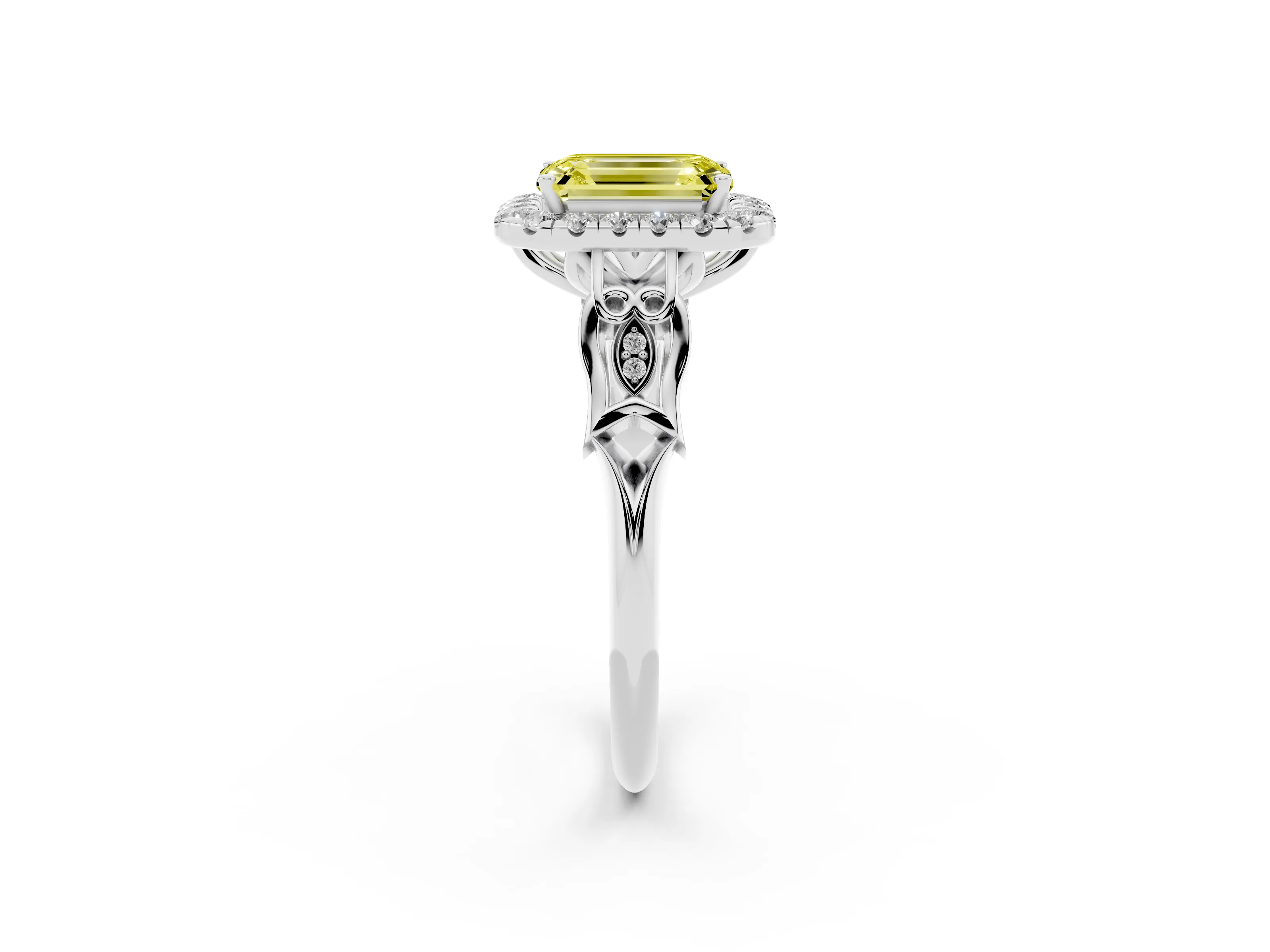 Fancy Yellow Emerald Cut Diamond Halo Engagement Ring Set in Platinum with Filigree Band and Prong-Set Center
