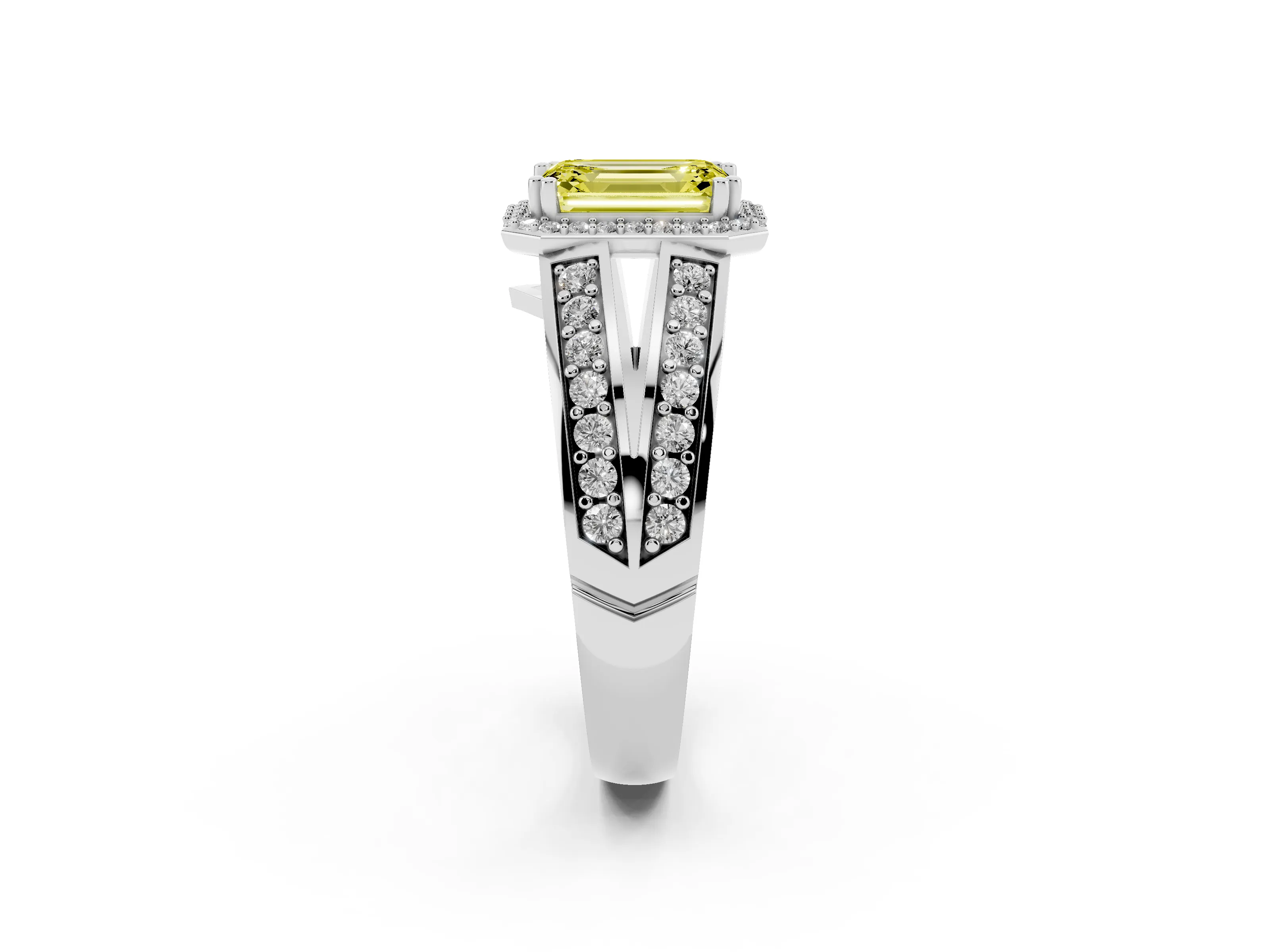 Fancy Yellow Emerald Cut Diamond Halo Ring Set in White gold with Double Pavé Split Shank
