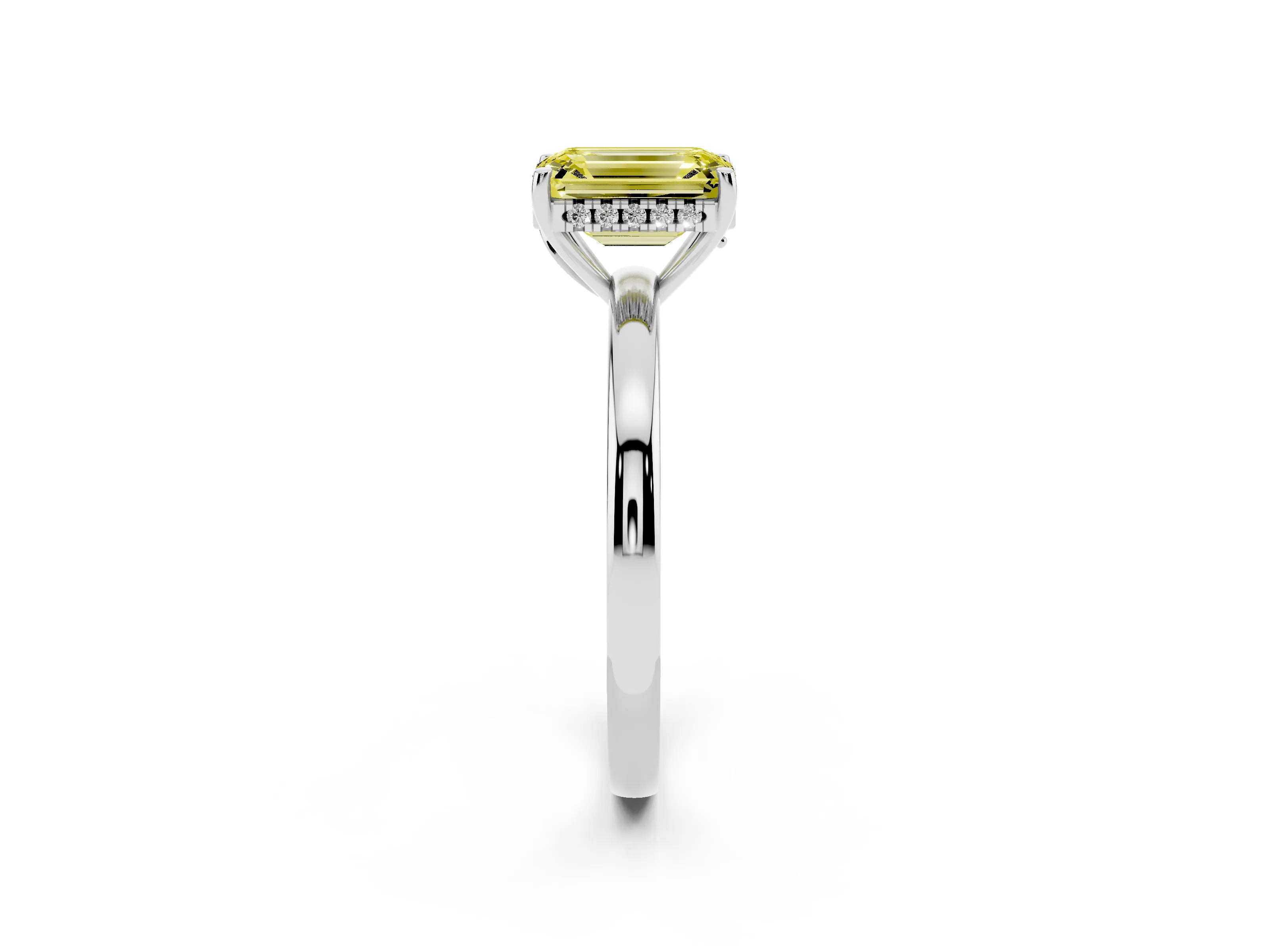 Fancy Yellow Emerald Cut Diamond Solitaire Ring Set in Silver with Plain Band and Prong Setting
