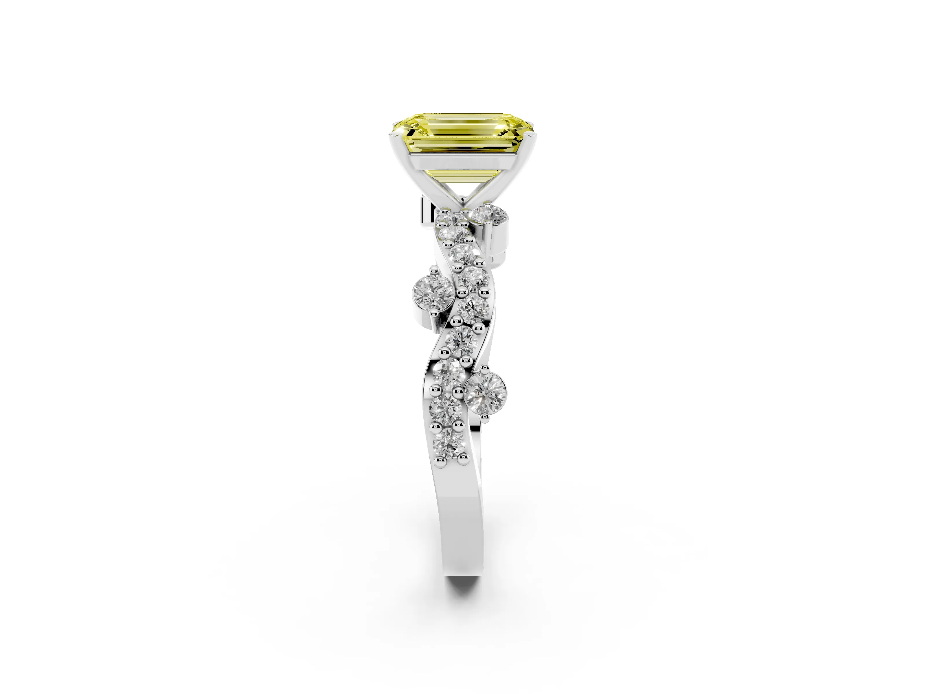 Fancy Yellow Emerald Cut Diamond Solitaire Twisted Band Set in Silver with Pavé Setting
