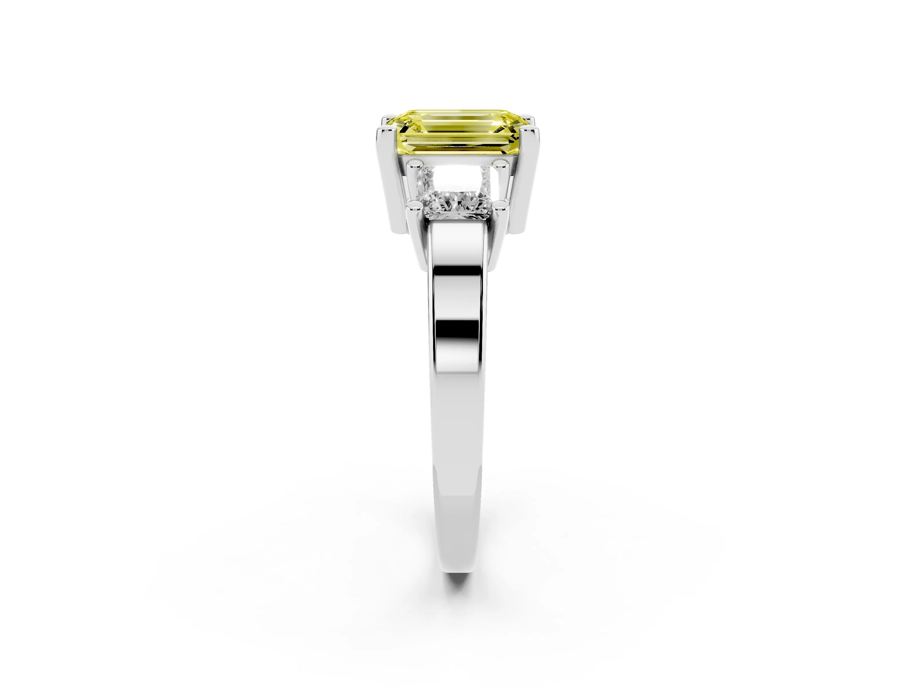 Fancy Yellow Three-Stone Emerald Cut Diamond Solitaire Ring Set in Platinum with Prong Setting