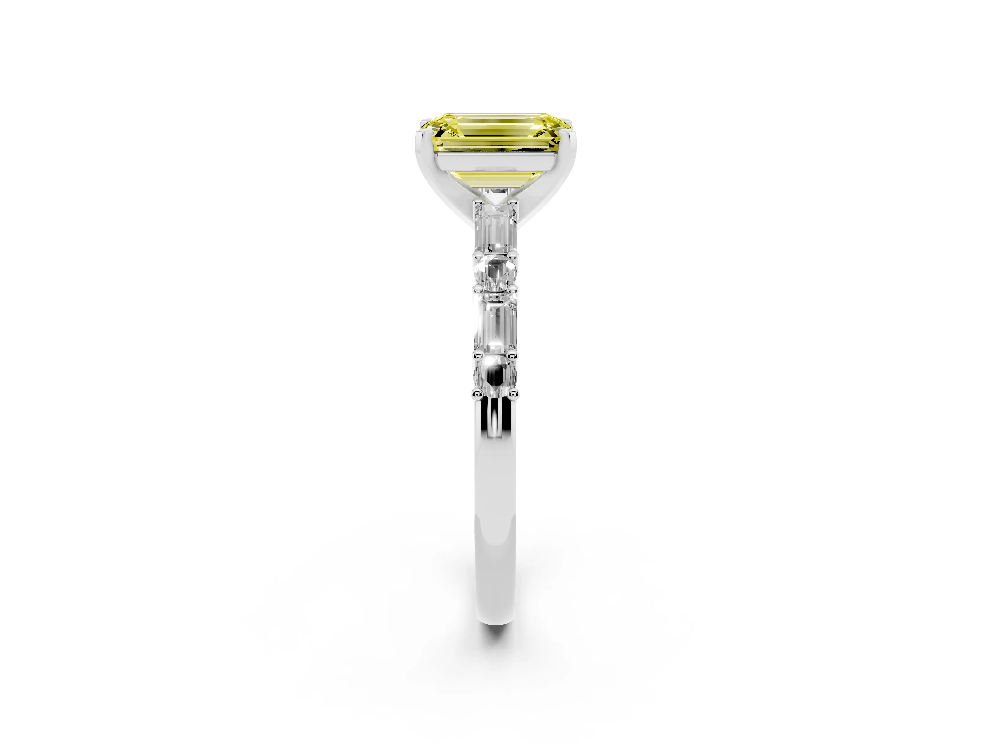 Fancy Yellow Emerald Cut Diamond Solitaire Set in Platinum with Side Baguettes and Channel Set Band