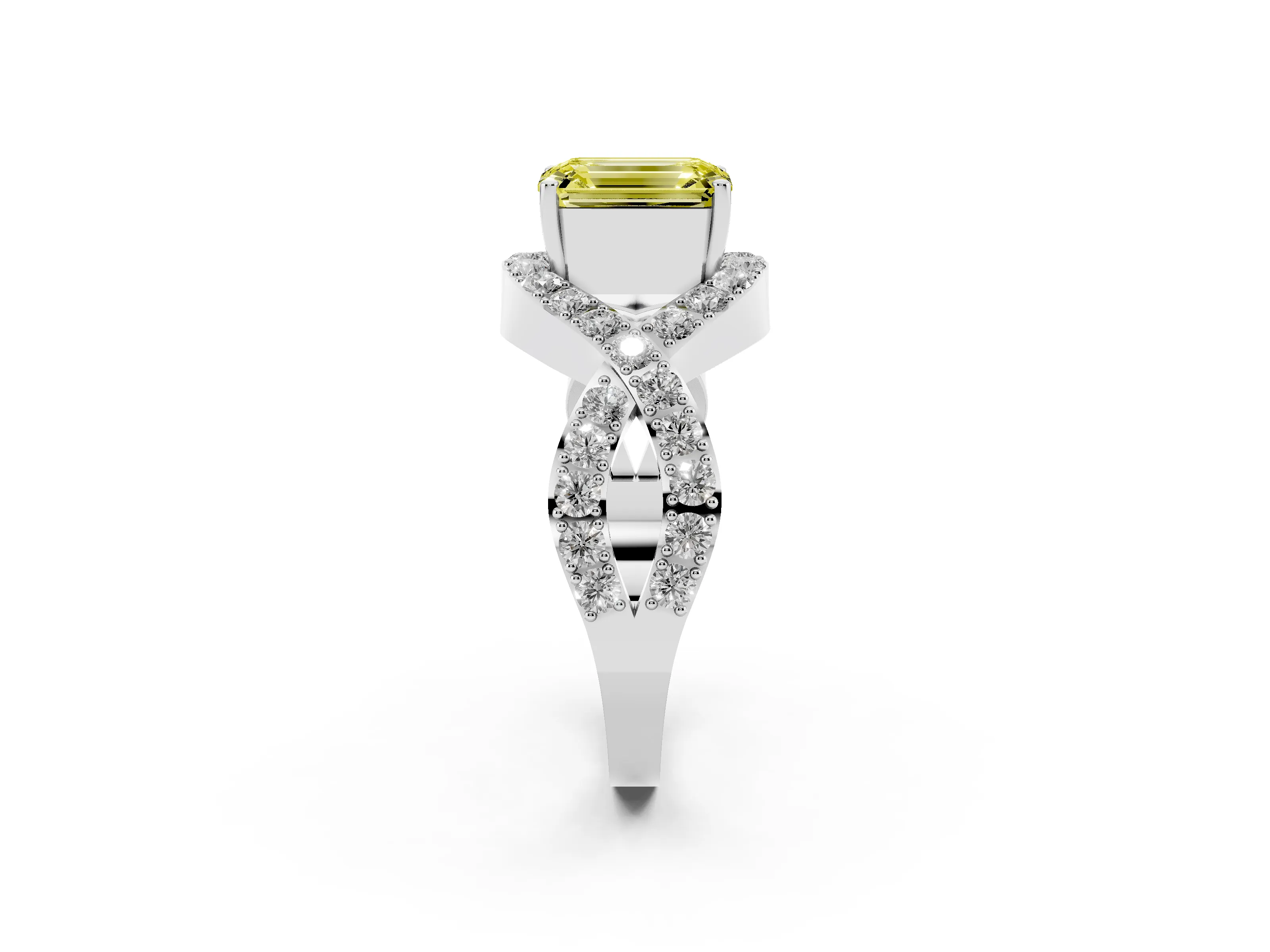 Fancy Yellow Emerald Cut Diamond Solitaire Twist Band Pavé Engagement Ring Set in Platinum