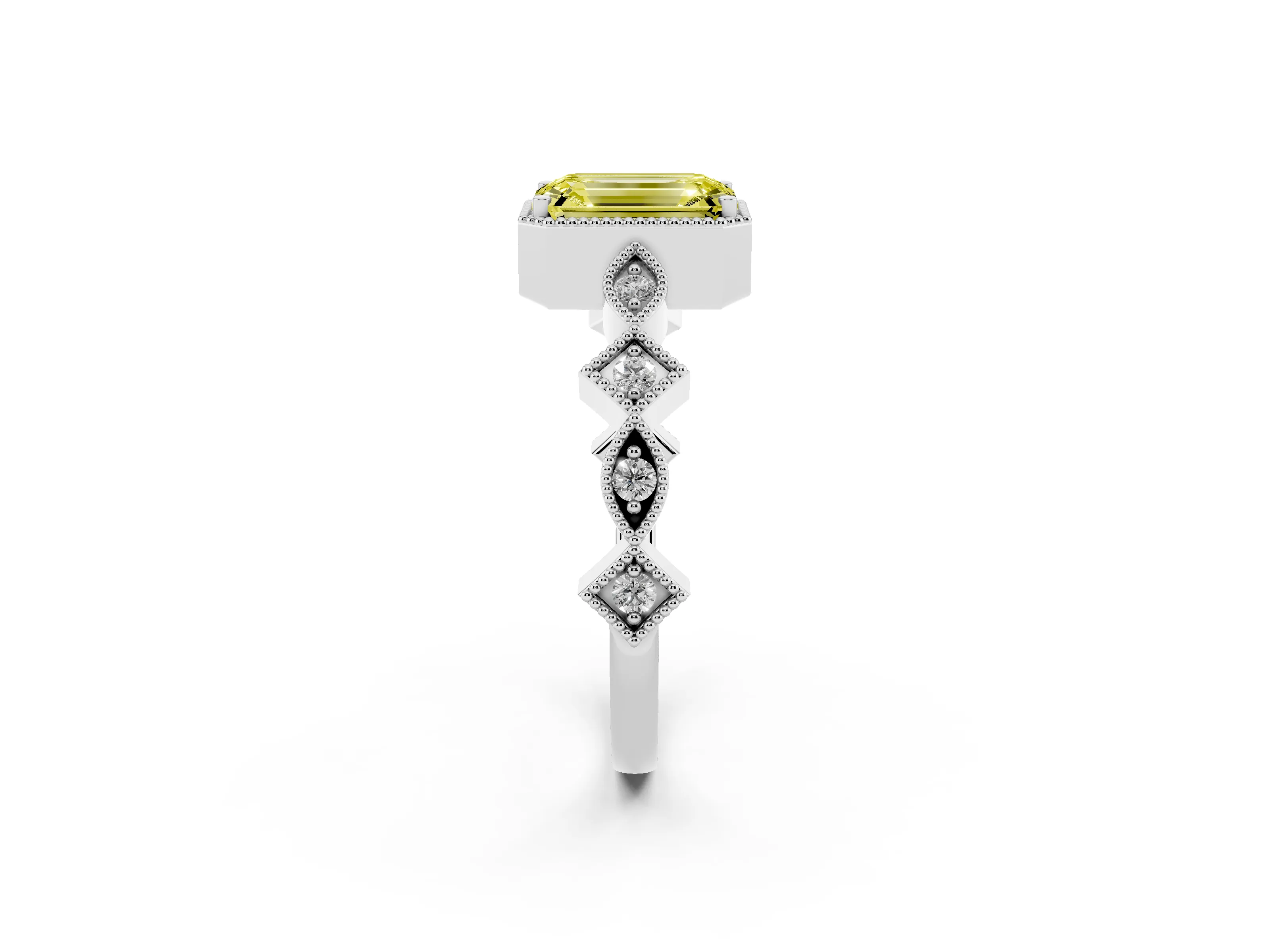 Fancy Yellow Emerald Cut Diamond Milgrain Marquise Twist Band Ring Set in Silver with Prong Setting