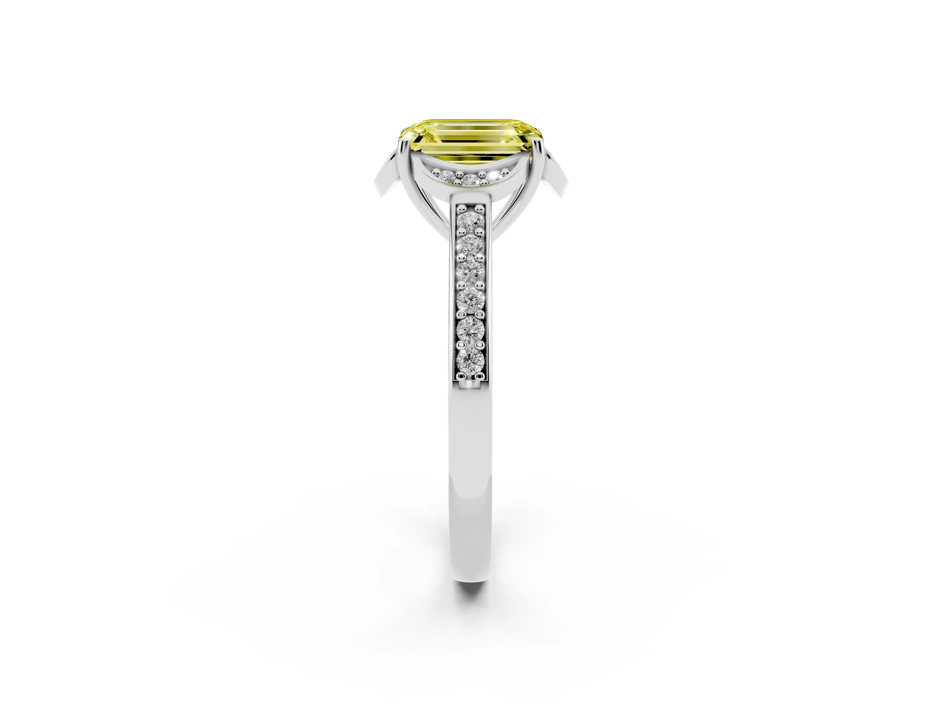 Fancy Yellow Emerald Cut Diamond Halo Ring Set in White gold with Channel Set Band and Prong Setting