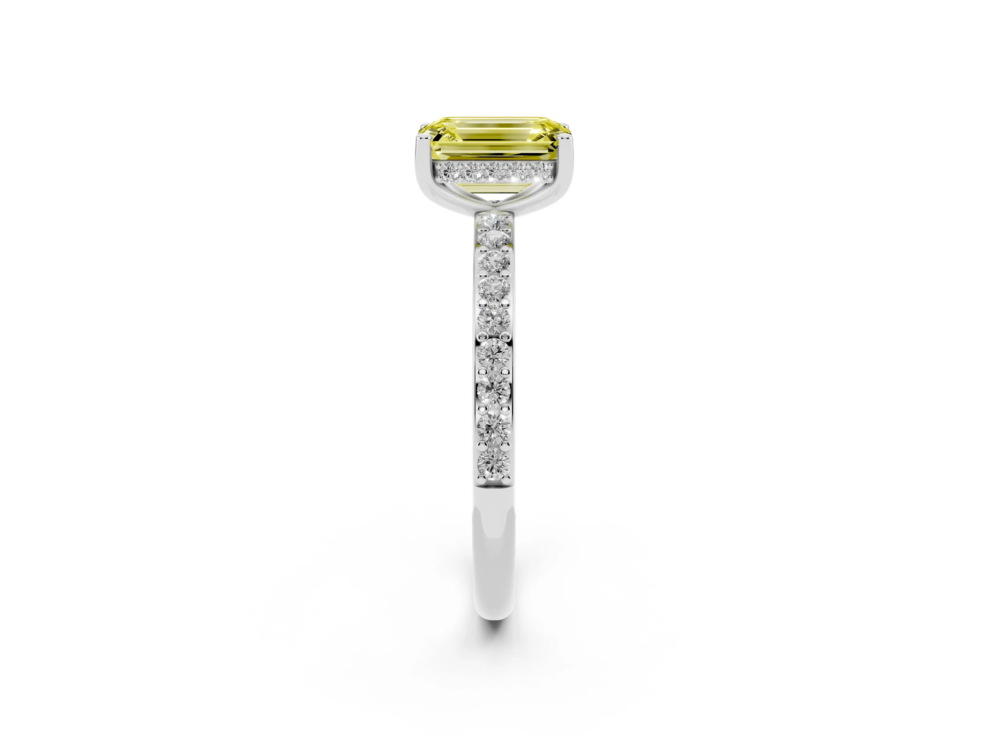 Fancy Yellow Emerald Cut Diamond Pavé Band Ring Set in Silver with Prong-Set Center Stone