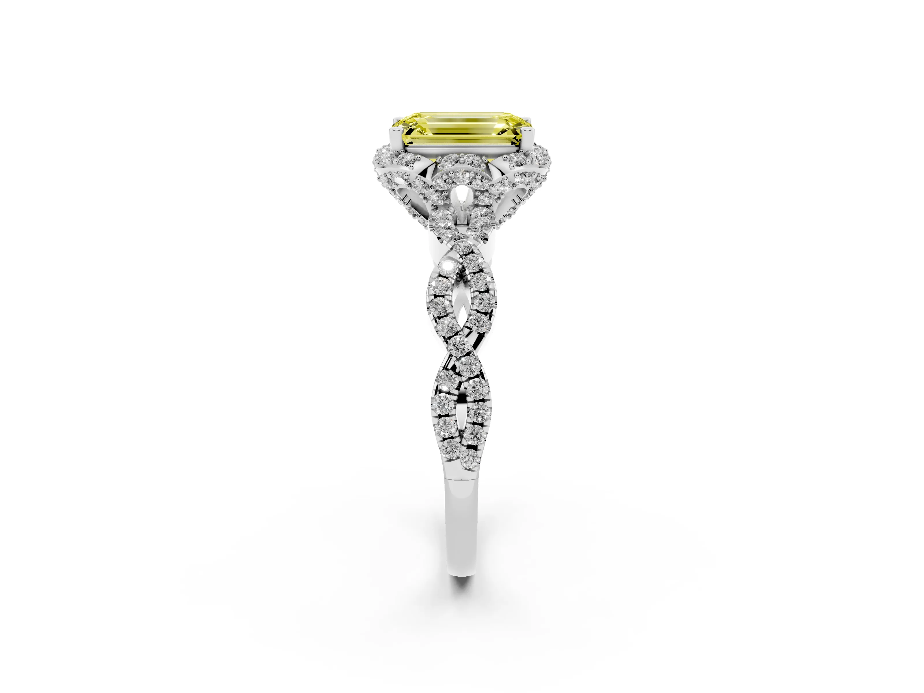 Fancy Yellow Emerald Cut Diamond Halo Twist Band Solitaire Ring Set in Platinum with Prong-Set Center Stone