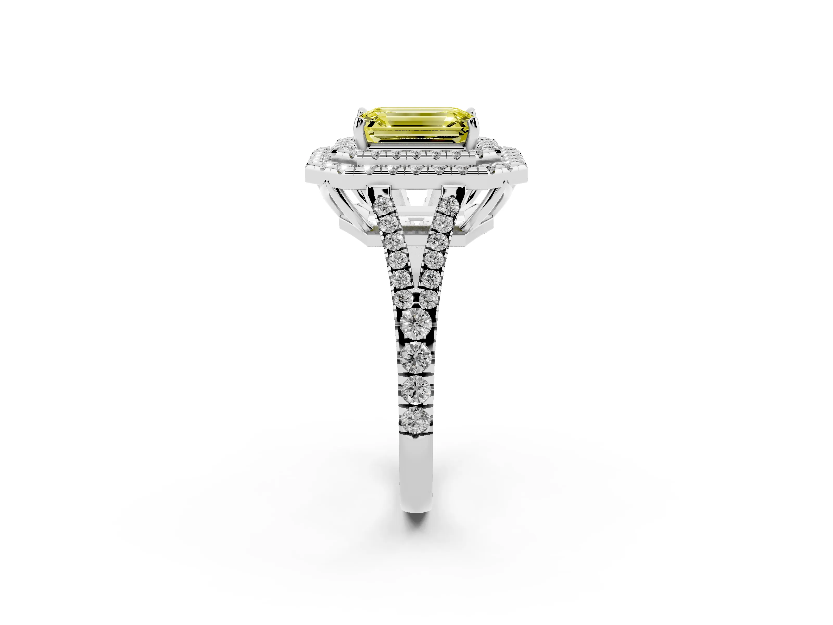 Fancy Yellow Emerald Cut Diamond Double Halo Ring Set in Silver with Pavé Band