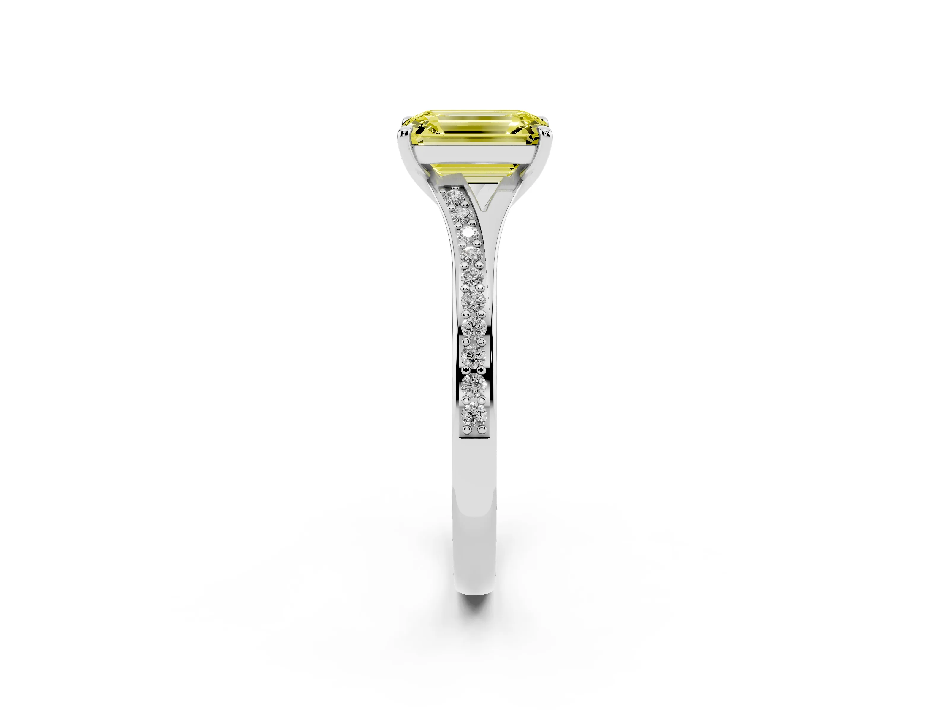 Fancy Yellow Emerald Cut Diamond Solitaire Ring Set in Silver with Pavé Accent Band and Classic Prong Setting