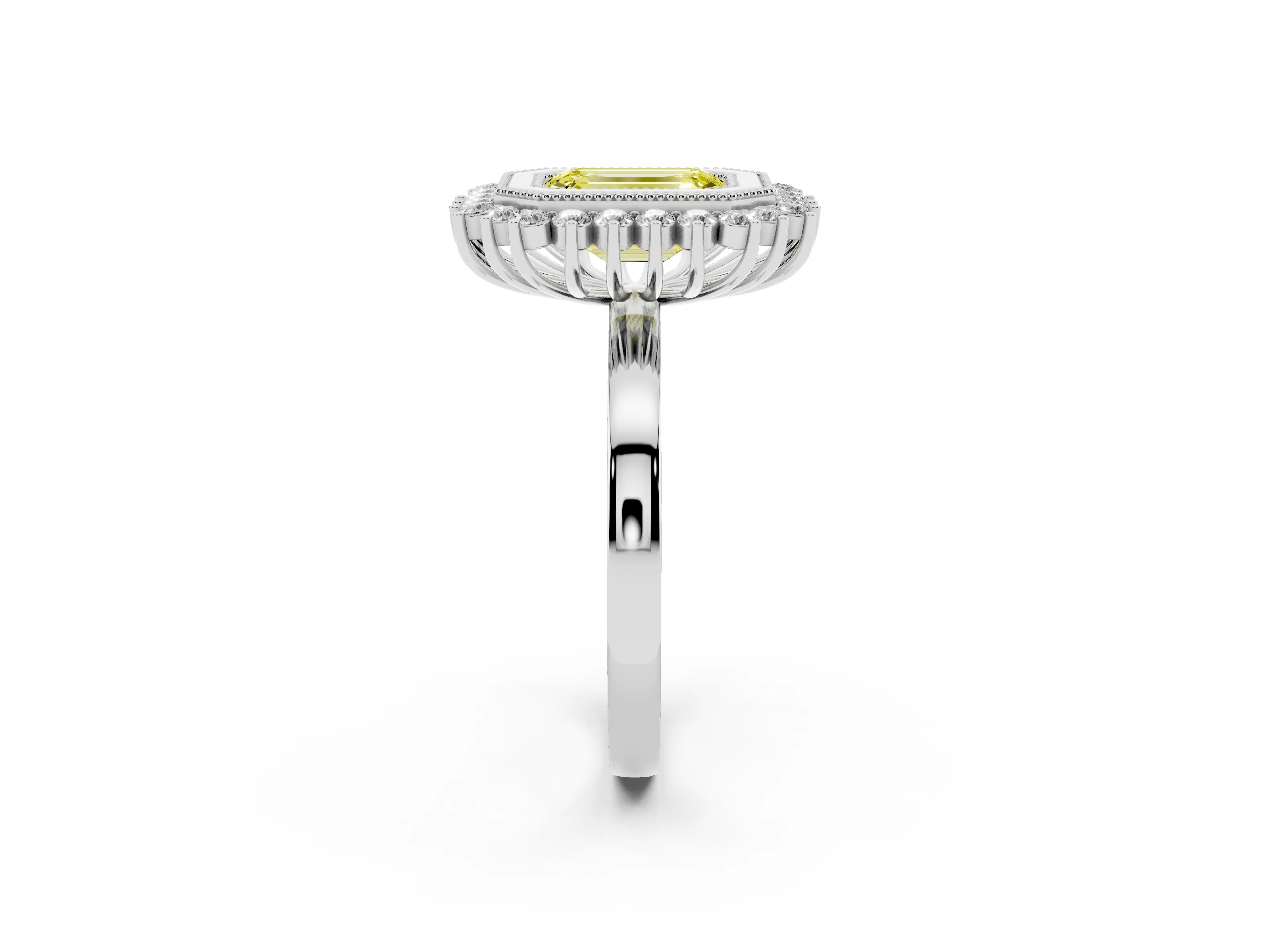 Fancy Yellow Emerald Cut Diamond Halo Ring Set in Platinum with Milgrain Edge and Round Prong Setting
