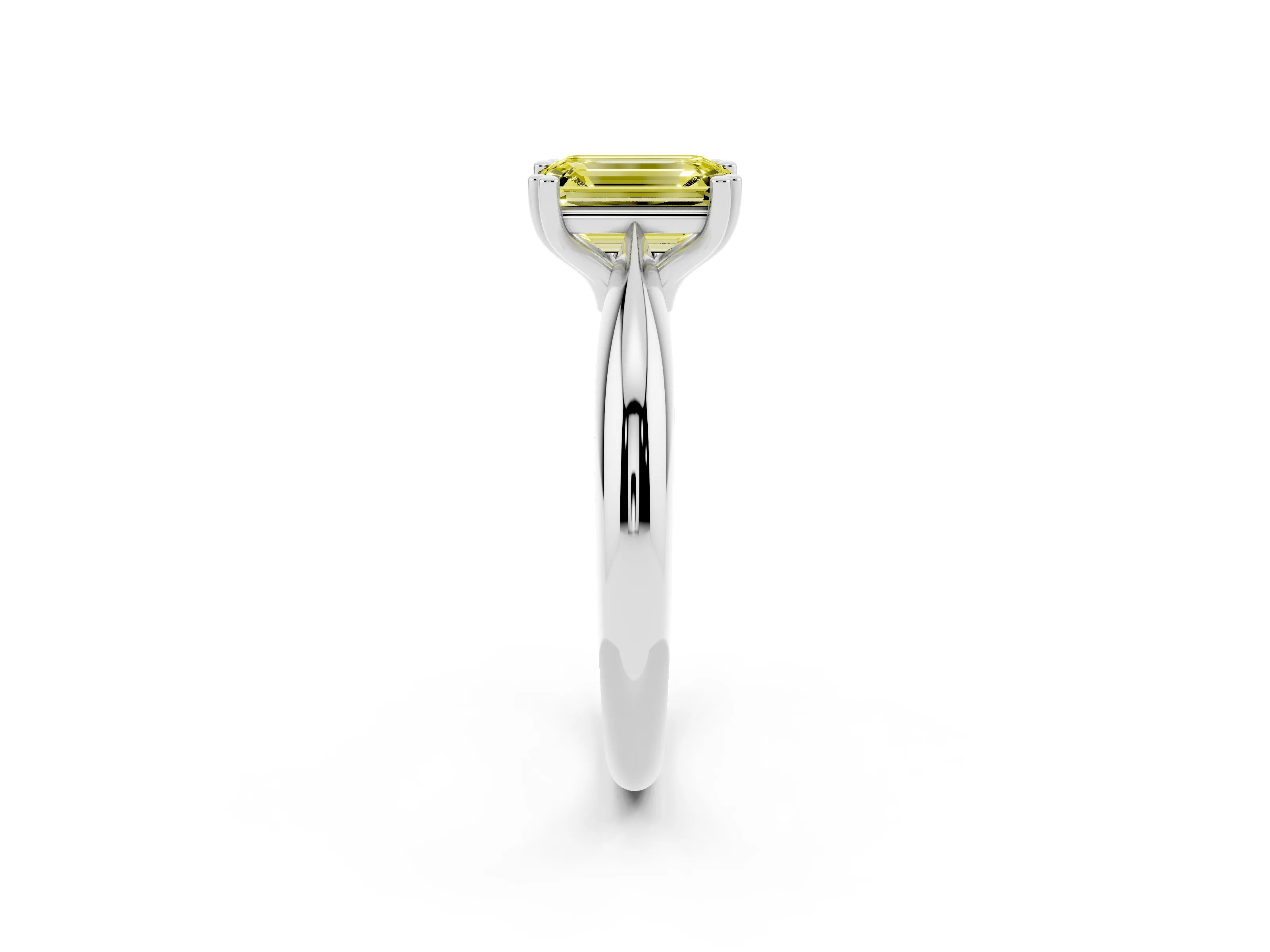 Fancy Yellow Emerald Cut Diamond Solitaire Engagement Ring Set in Platinum with Tapered Band and Prong Setting