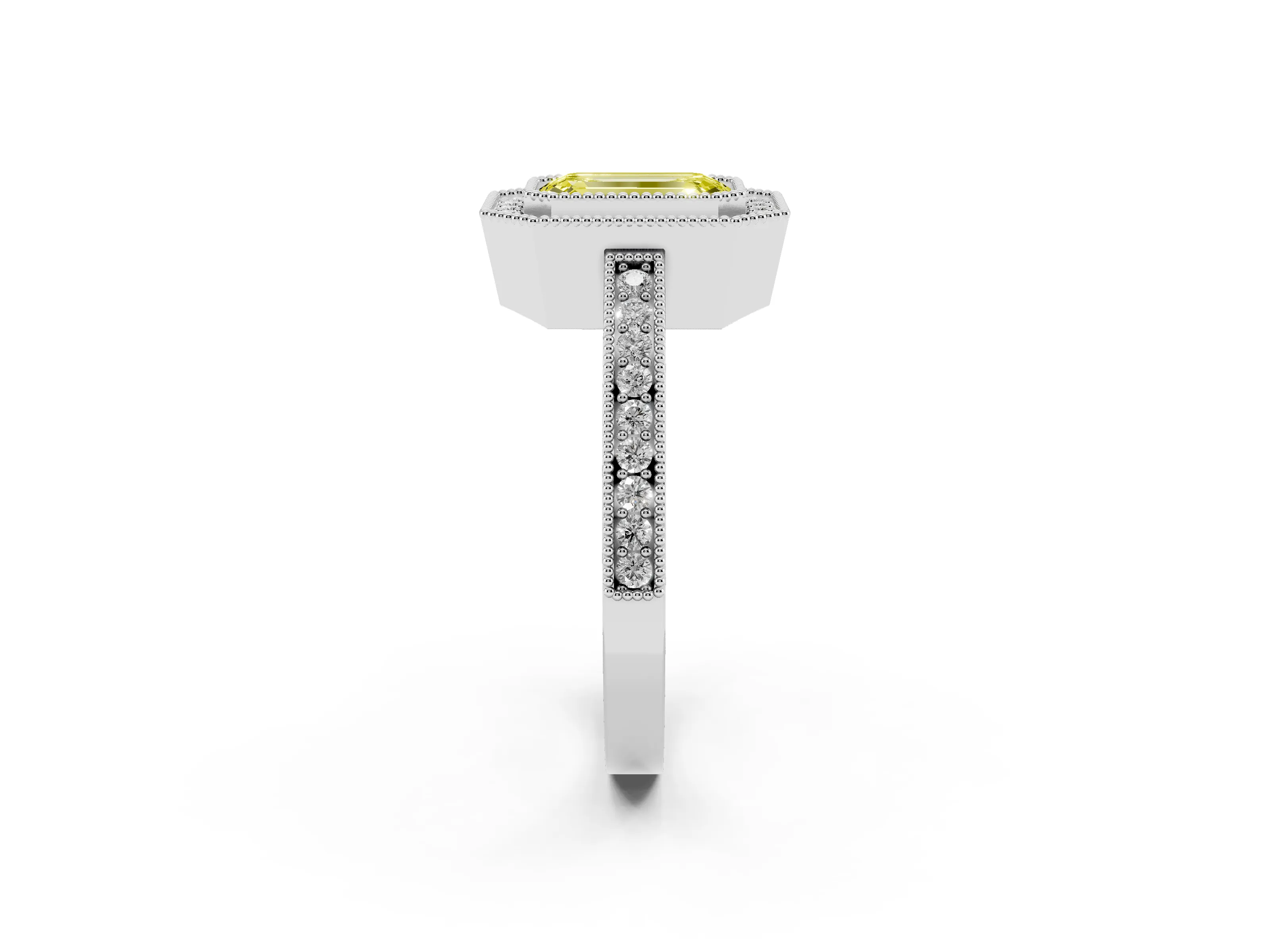 Fancy Yellow Emerald Cut Diamond Round Halo Ring Set in White gold with Pavé Band