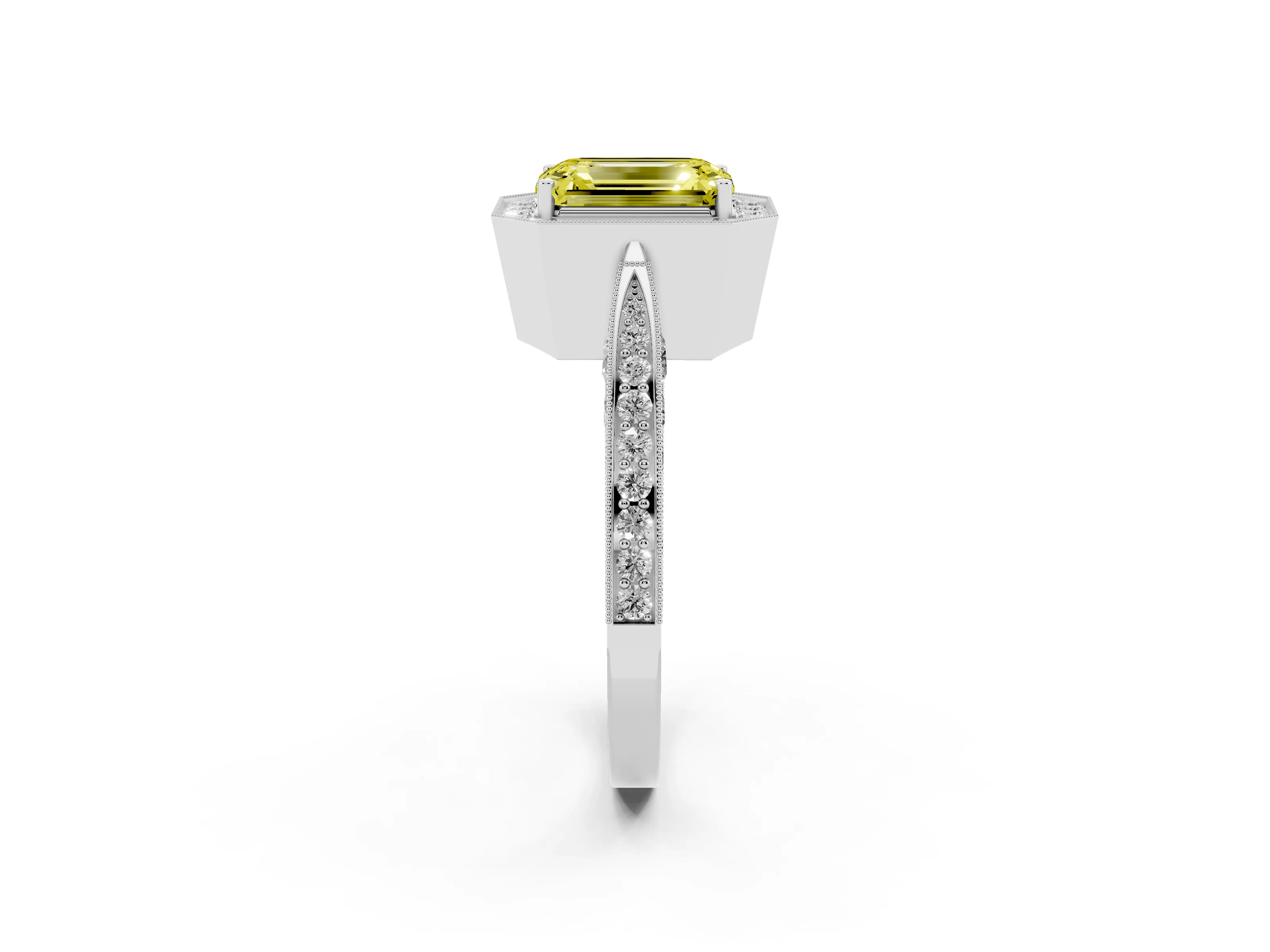 Fancy Yellow Emerald Cut Diamond Halo Engagement Ring Set in Platinum with Accent Split Shank Band