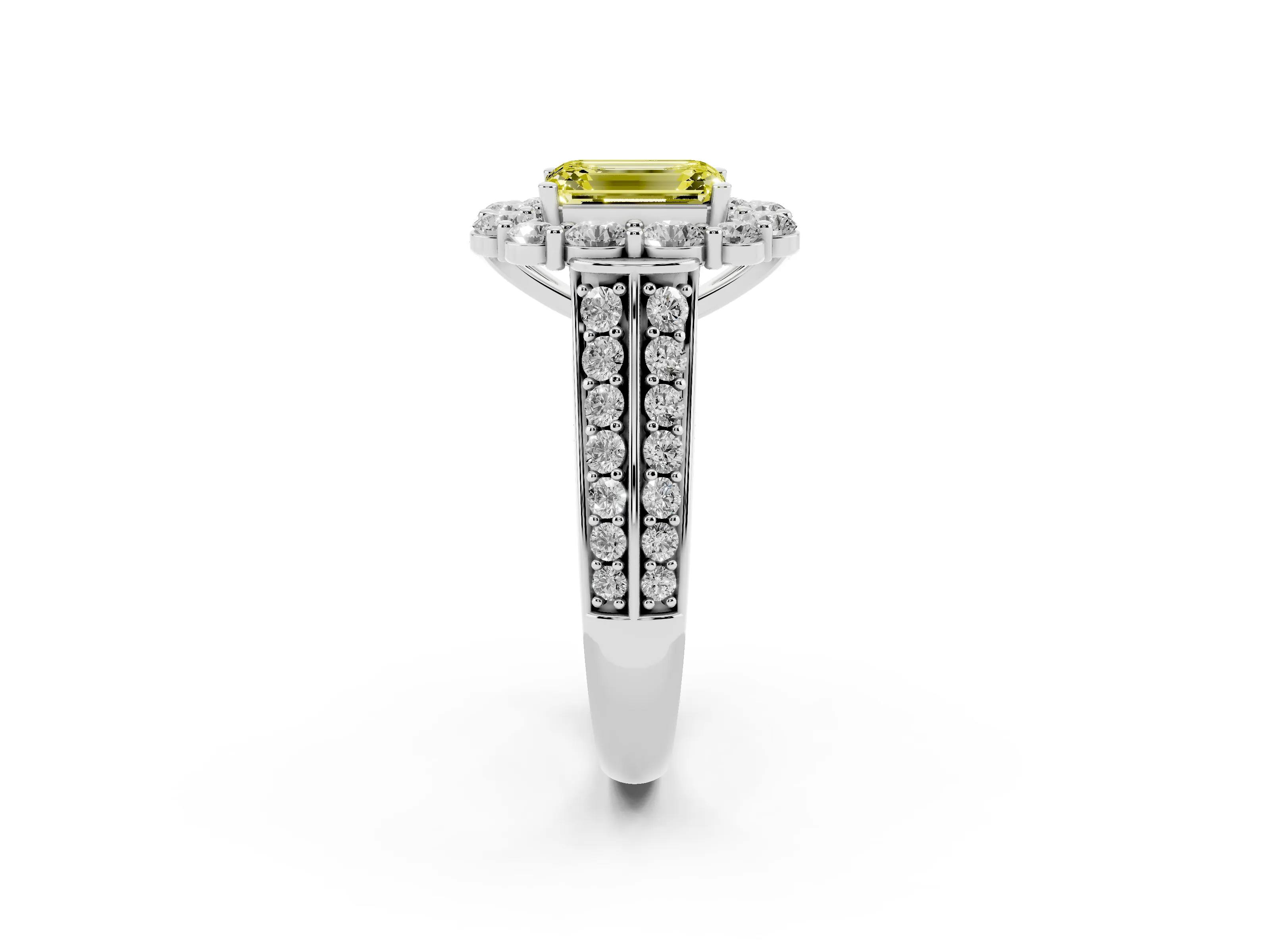 Fancy Yellow Emerald Cut Diamond Halo Engagement Ring Set in Silver with Split Shank and Prong Setting