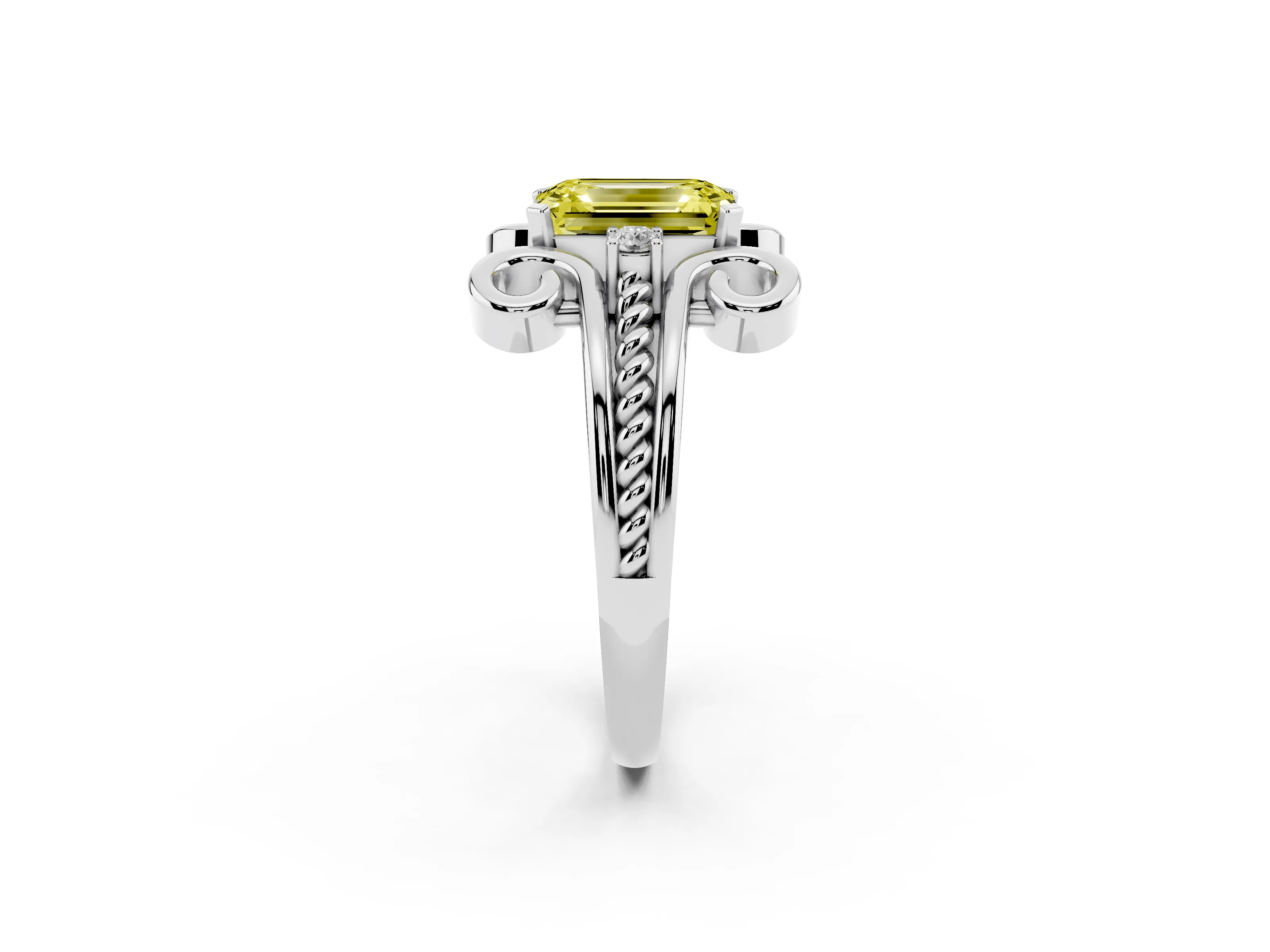 Fancy Yellow Emerald Cut Diamond Twisted Band Solitaire Ring Set in Platinum with Scroll Prongs