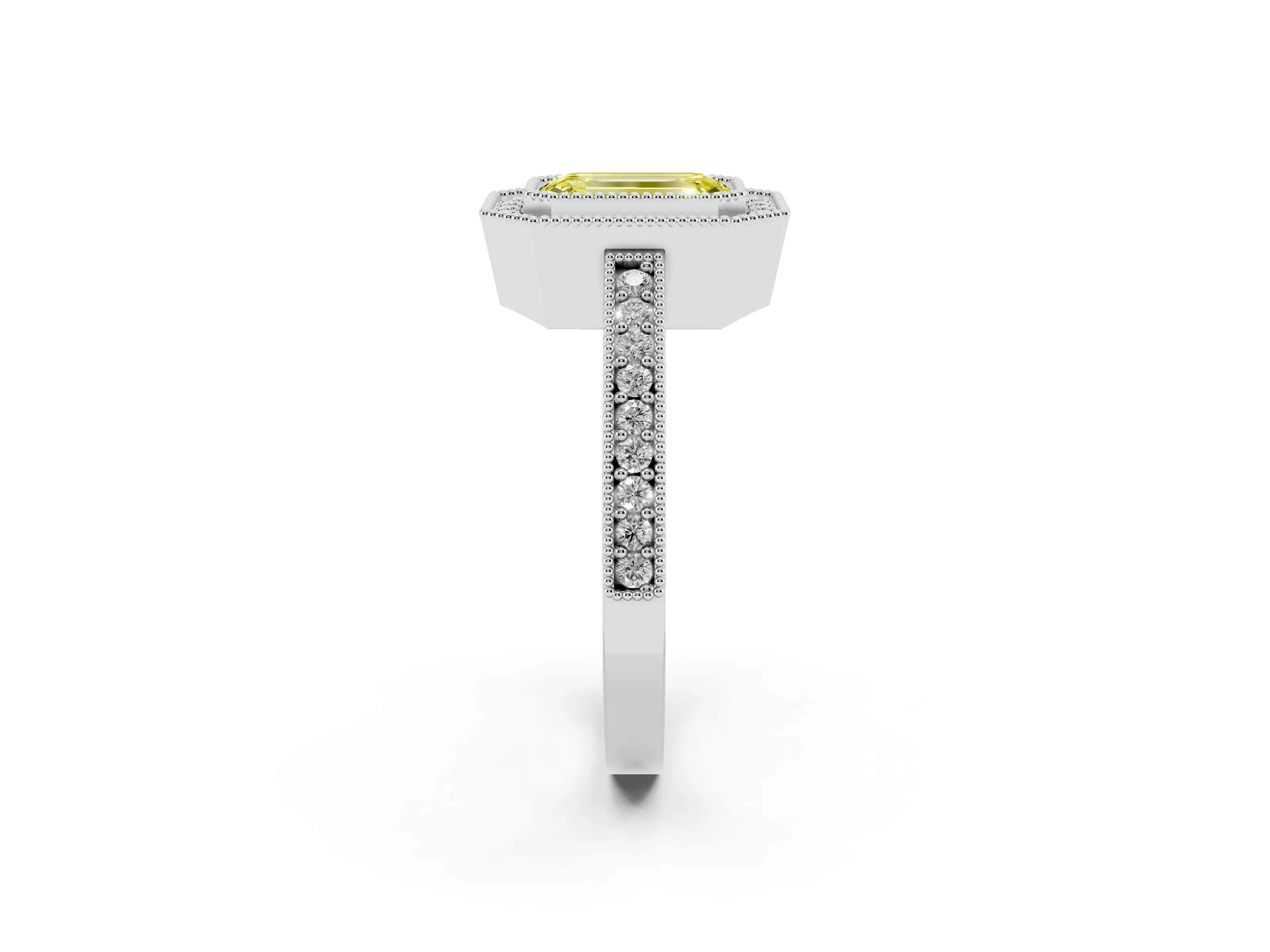 Fancy Yellow Emerald Cut Diamond Halo Engagement Ring Set in White gold with Pavé Band and Round Halo Stones