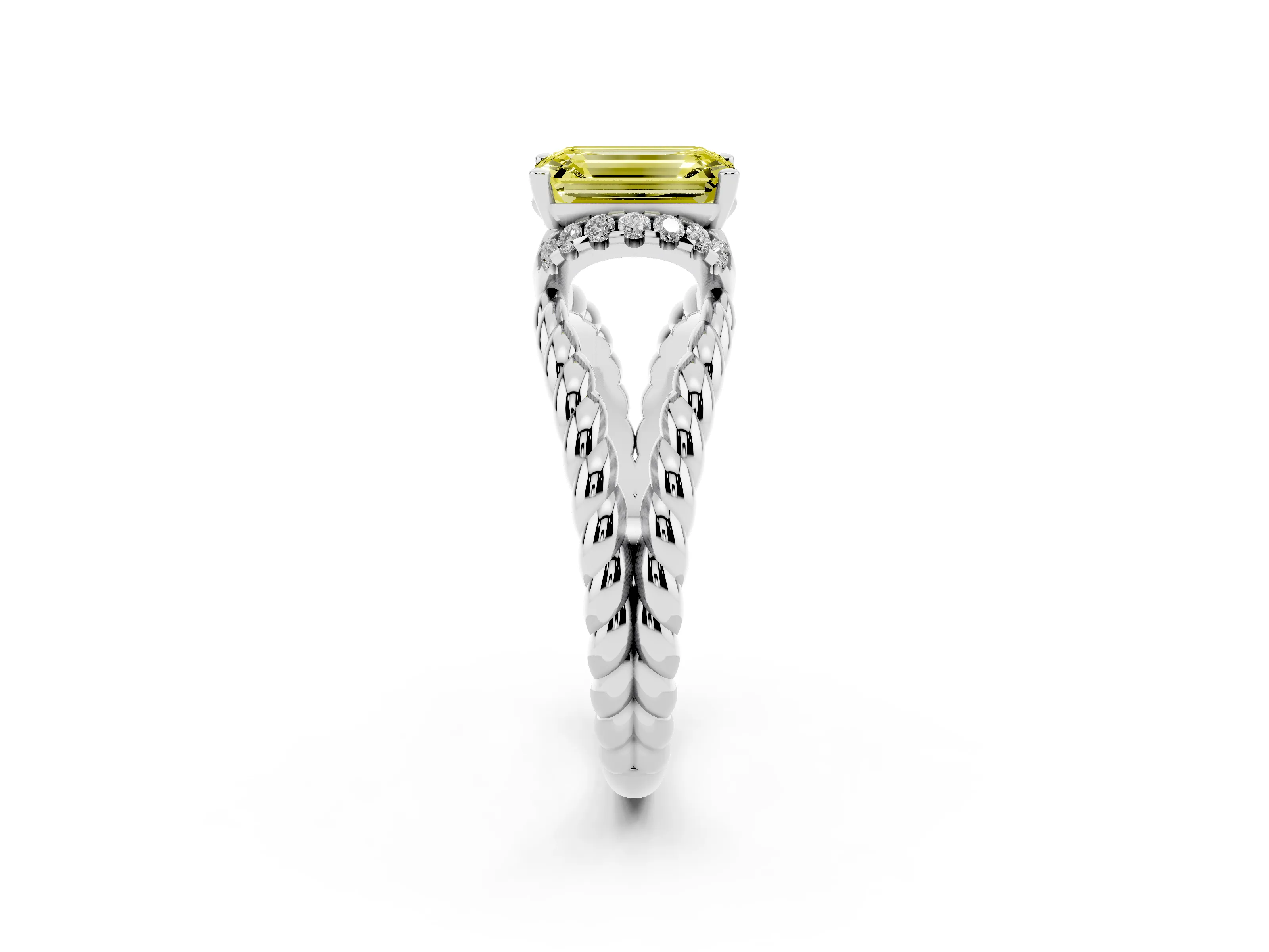 Fancy Yellow Emerald Cut Diamond Halo Ring Set in White gold with Twisted Band and Prong Setting